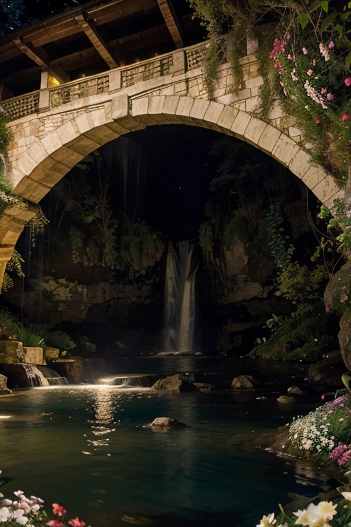 waterfall, bridge above waterfall made of flowers,  a house inside the waterfall below, night time, stars glomming