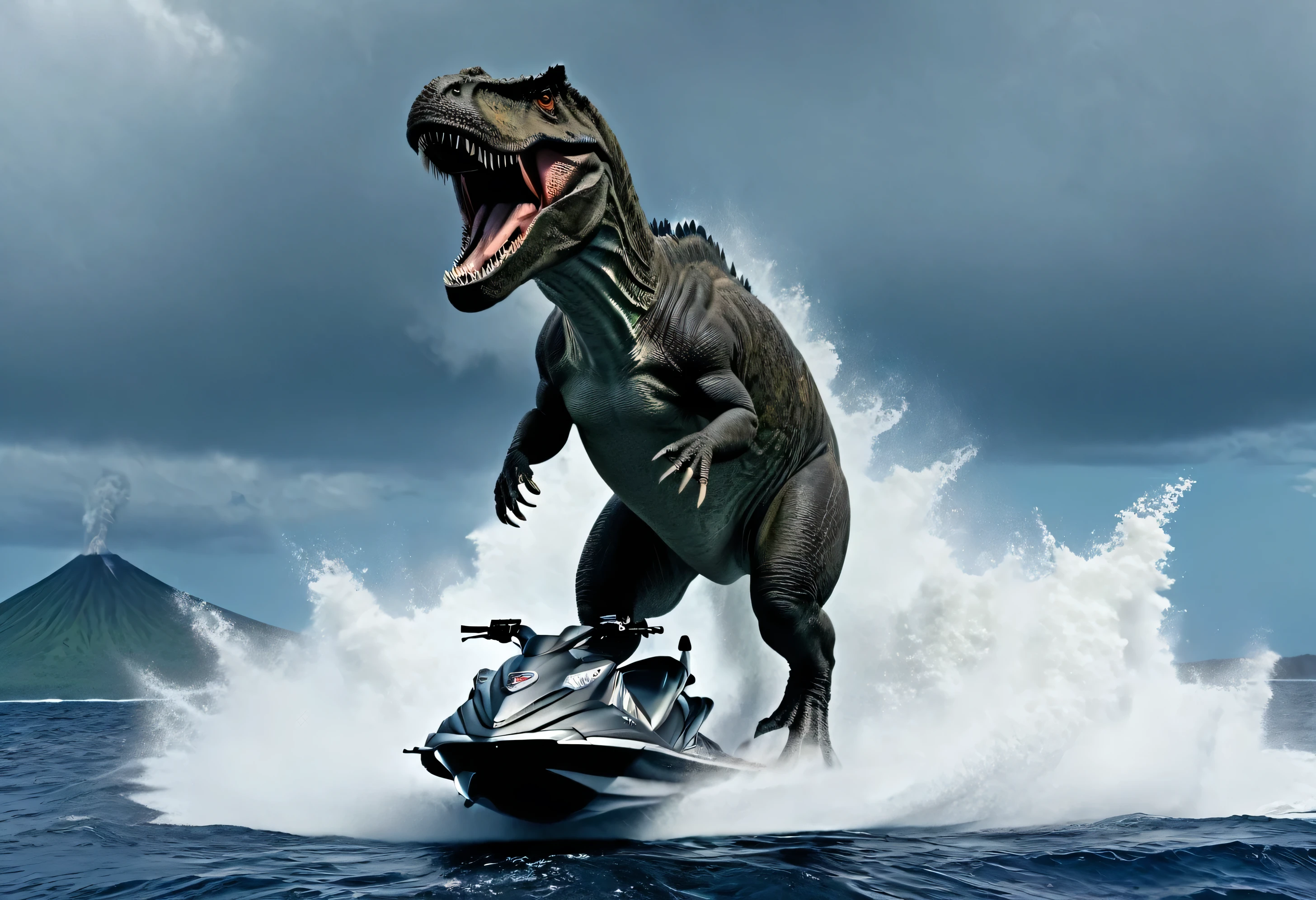 A tyrannosaurus is riding a jet ski in the middle of rough seas., Volcanic island in the background, The volcano is erupting violently., The images are very realistic, straight angle picture, Photo from bottom up, Pan the image to the left., Rule of Thirds for Photography, The sky is very cloudy., The atmosphere was terrifying.
