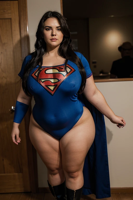 bbw superheroine is exhausted and paralyzed standing in front of the photo, full body