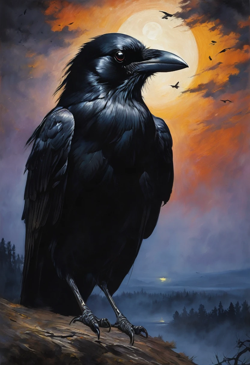 best quality,ultra-detailed,(realistic:1.37) paintings,dark and mysterious atmosphere,ominous colors,[crow],intricate feathers,sharp beak,penetrating gaze,intense expression,eerie silhouette,sinister presence,nighttime scene,moonlit sky,clouds,dramatic lighting,contrast of light and shadow,gothic style,dramatic brushstrokes,texture and depth,colorful plumage,majestic wingspread,haunting presence,foreboding,loneliness,uneasy feeling,impressive details,beautifully captured essence,artistic masterpiece
