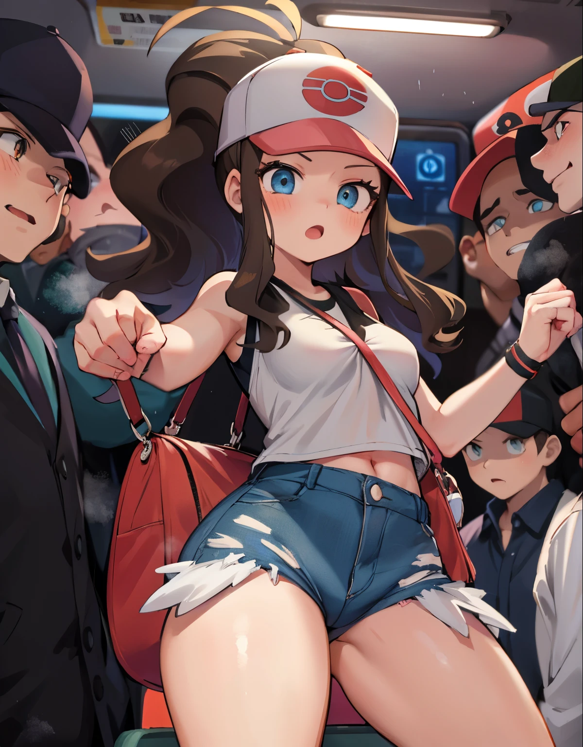 High quality, Masterpiece, Best quality, Hilda \(pokemon\), def1, body shape, beautiful eyes, detailed eyes, thick thighs, a girl being touched by multiple men without her consent inside a subway car,illustration,harsh and disturbing atmosphere,[dark shadows,dark and crowded subway car,panic,struggle],(best quality,highres),vivid colors,warm tones,dimmed lighting
