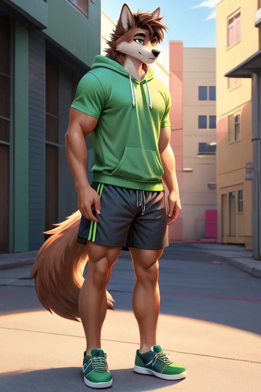 Furry anthropomorphic wolf, Russet brown fur, dark brown hair, dark green eyes, 6'1 and 173 lbs, 41" Chest, 19" Shoulders, 13" Biceps, 32" waist, 23" Thighs, 15" Calves, 19" Back, wearing bright yellow-green hoody, wearing Grayish-green T-shirt, wearing matching sweat shorts, wearing dark slate gray slip on shoes, soft colors, vivid colors, pastel color, soft shading