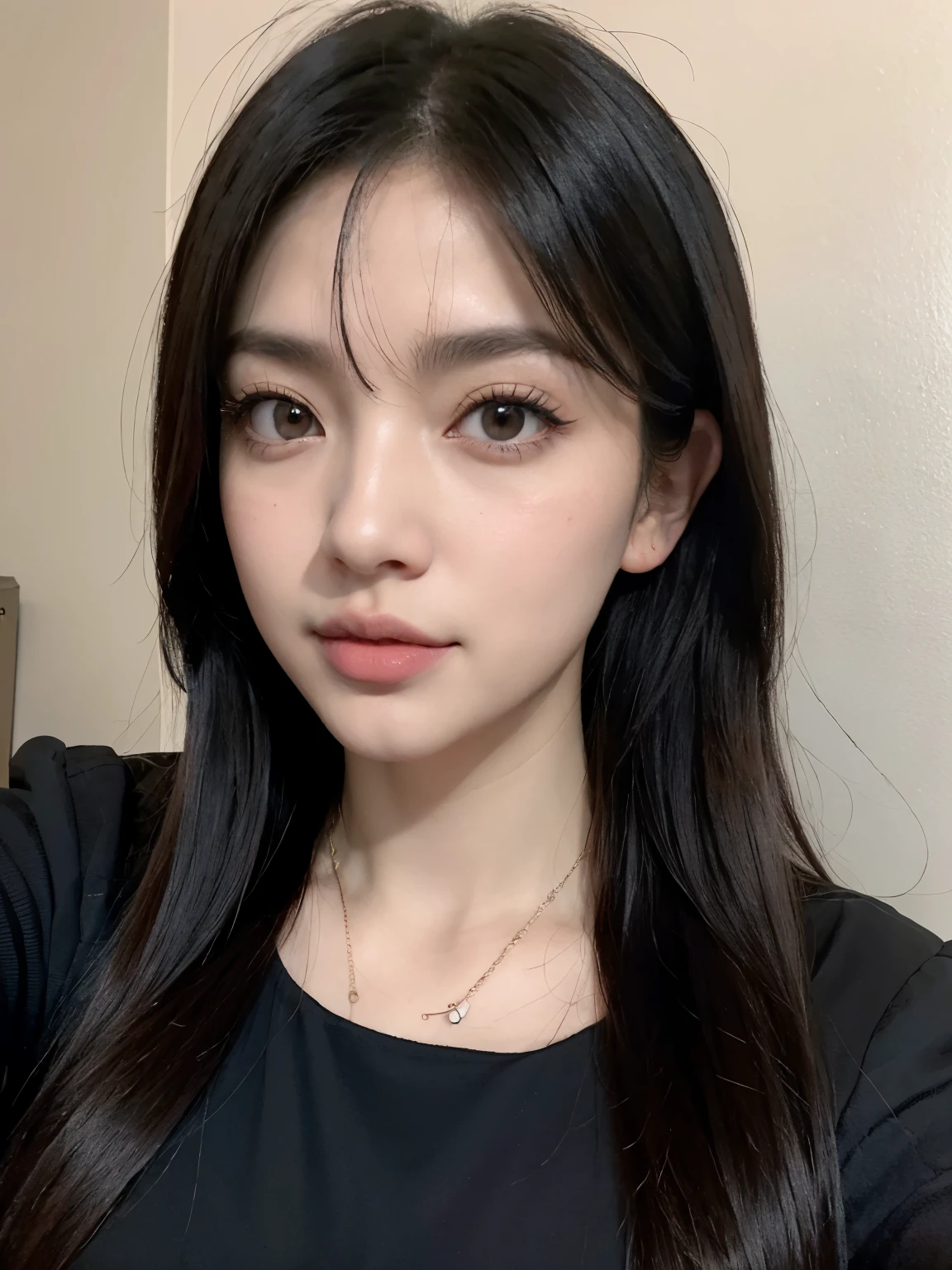 Kim jennie con el cabello negro oscuro, con rulos en las puntas del cabello negro oscuro, con un ganchito de estrella en el cabello negro oscuro, ojos de color claro, ojos bonitos, ojos llorosos, nariz bonita y respingada, labios bonitos, labios rosas, heart and cupid shaped lip, piel bonita, pale, piel blanca, con lunares y pecas en todo el rostro, rubor rosa suave en las mejilla, rubor rosa natural, maquillaje suave y rosa, jennie, cuellos bonito, cuello marcado, frown, mirada enojada, con un collar de beso, un collar bonito de beso, mientras tiene un traje de Yumeko Jabami, cospaly de Yumeko Jabami, mientras tiene el abdomen desnudo, delgado, marcado y bonito, (pechos grandes, pechos suaves, pechos bonitos, pechos naturales), mientras esta haciendo cospaly del personaje Yumeko Jabami, del anime Kakegurui, mirando a la camara, autofoto, selfie bonita