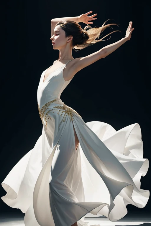 This photo captures a moment of pure elegance. theme, a young woman, is dancing, Her body is in a dynamic pose，Suggests movement and energy. She is wearing a white dress, The golden embellishment adds a touch of sophistication. dress, With a flowing skirt, Proving her dancing fluidity.

Her arms raised, Mirroring the upward movement of her dance, Her eyes are closed, Indicates a moment of intense concentration or pure joy. Sunlight shines in from the side，Cast a warm glow on her, Highlight her features and add depth to the image.

The background contrasts sharply with the subject, Its dark and muted colors, Focus the audience's attention on the woman and her dance. The overall composition of the image, A careful balance of light and shadow, Color and contrast, Creates a visually striking scene，Capturing the essence of grace and beauty in motion.