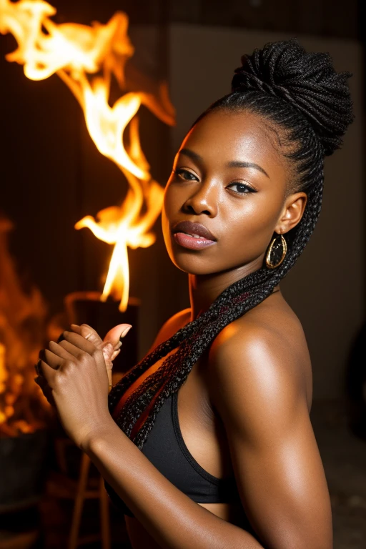 jamaican female she is buring warpped in flames buring stands of hair braids