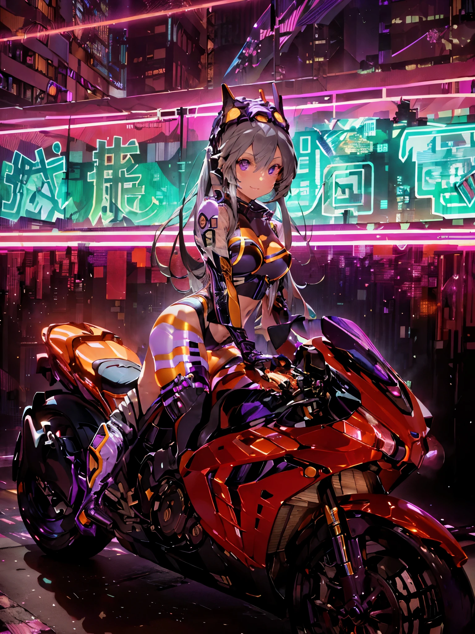 1female, solo, long dark silver hair, purple latex bodysuit, yellow highlights on bodysuit, sitting on motorcycle, sci fi city background, night time, cloudy night, bright lit signs in background, magenta lights in background, thigh high heel boots, (realistic:1.2), (realism), (masterpiece:1.2), (best quality), (ultra detailed), (8k, 4k, intricate),(full-body-shot:1), (85mm),light particles, lighting, (highly detailed:1.2),(detailed face:1.2), (gradients), colorful,(detailed eyes:1.2)(detailed background),detailed landscape, (dynamic angle:1.2), (dynamic pose:1.2),  