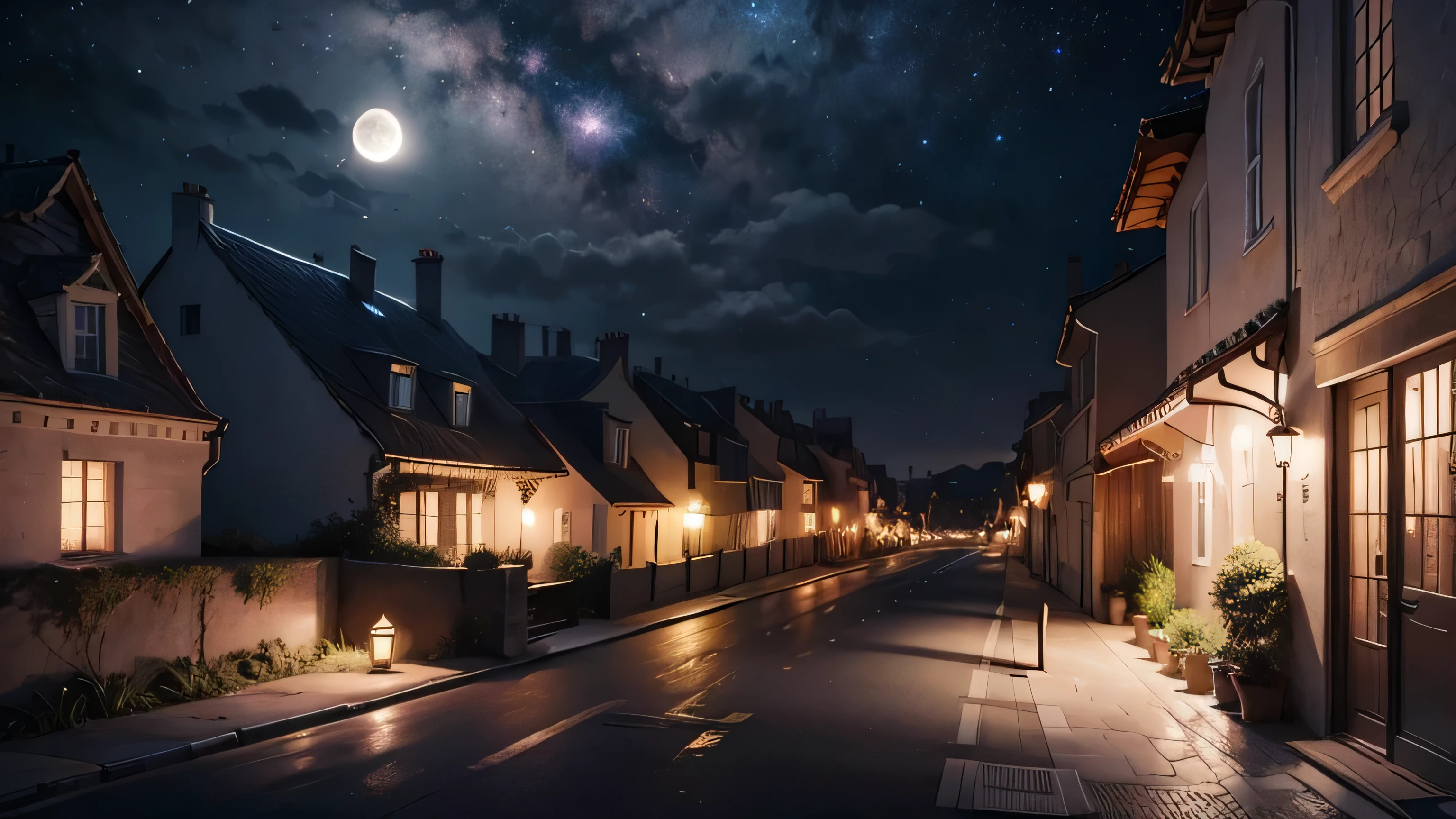 tard le soir, a full moon in the starry sky, street lamps, le vent souffle sur les arbres dans la rue, un livre à travers la fenêtre ouverte de la maison, beautiful HD cartoon scenes, beau paysage de dessin animé HD, ciel de nuit, art dessin animé HD. As you marvel at the view before you, 8K, ultra-HD,
