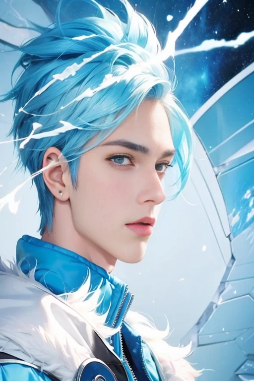 a close up of a person with blue hair and a blue jacket, ice mage, anime boy with cosmic hair, 