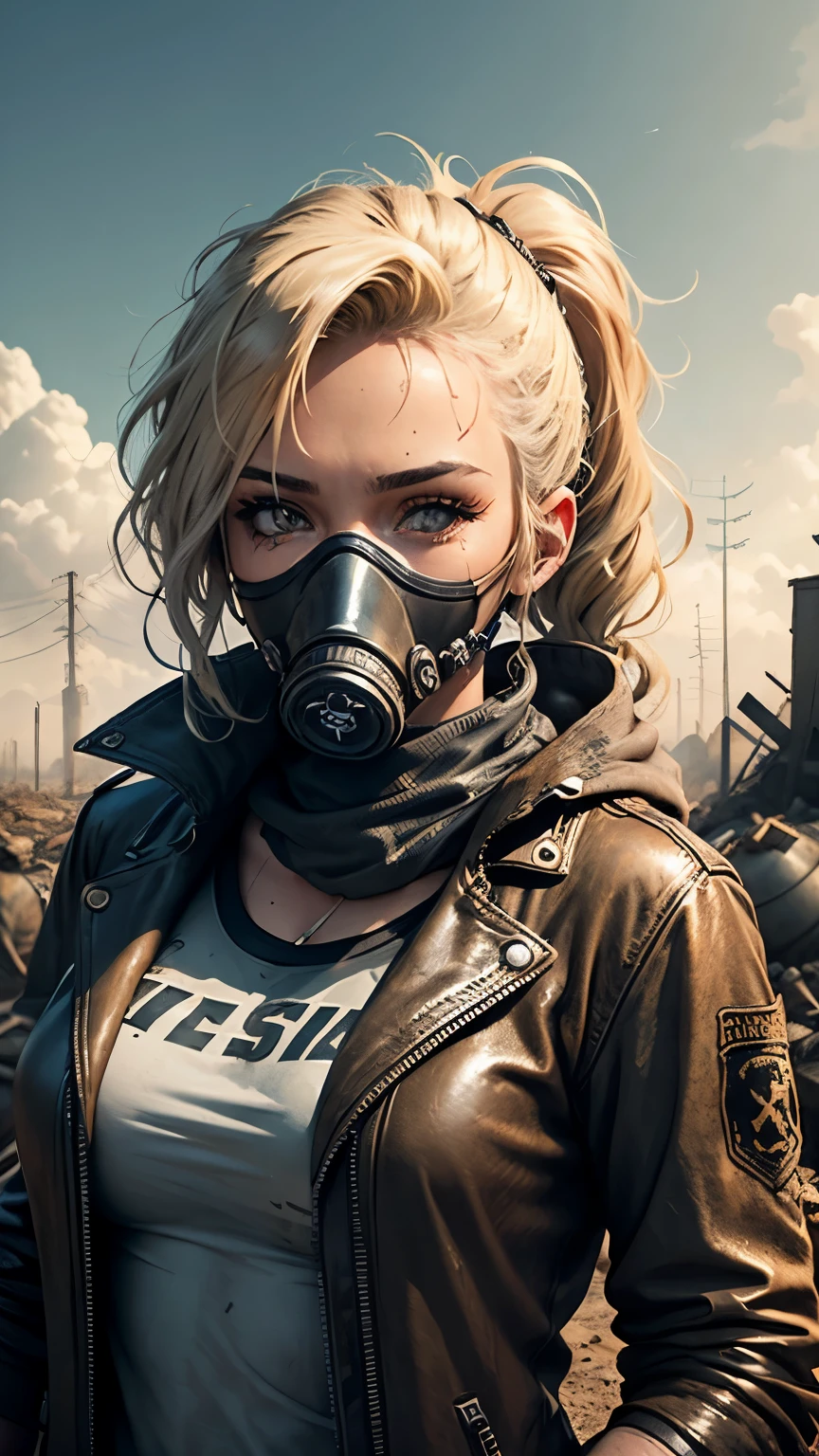 Post apocalyptic woman with a worn leather jacket, And a T-shirt covered in dust and dirt, She is wearing a gasmask, And her blonde hair waves gently in the winds of a town destroyed by nukeclear bombs.