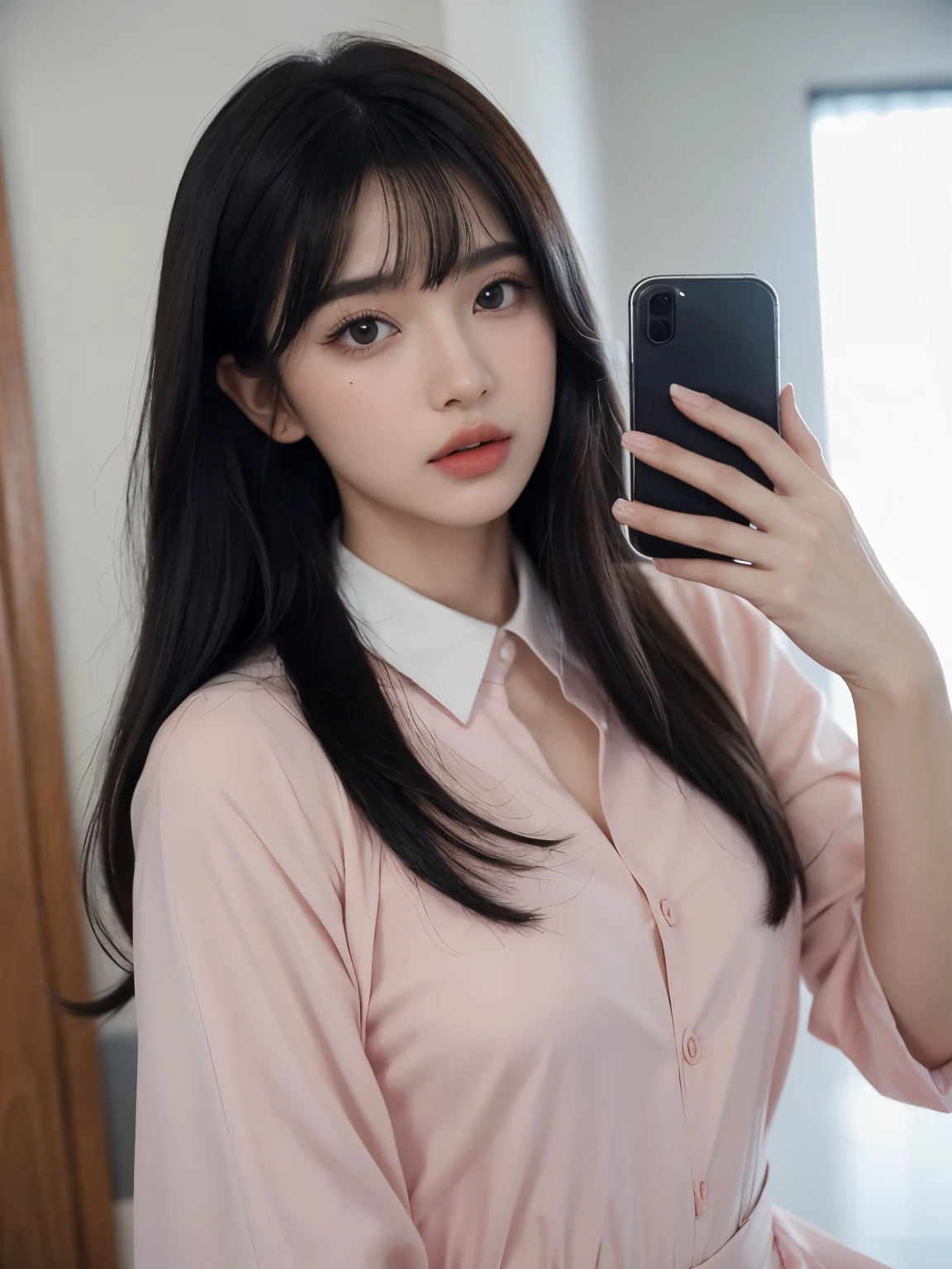 Kim jennie con el cabello negro oscuro, con rulos en las puntas del cabello negro oscuro, con un ganchito de estrella en el cabello negro oscuro, ojos de color claro, ojos bonitos, ojos llorosos, nariz bonita y respingada, labios bonitos, labios rosas, heart and cupid shaped lip, piel bonita, pale, piel blanca, con lunares y pecas en todo el rostro, rubor rosa suave en las mejilla, rubor rosa natural, maquillaje suave y rosa, jennie, cuellos bonito, cuello marcado, frown, mirada enojada, con un collar de beso, un collar bonito de beso, mientras tiene un traje de Yumeko Jabami, cospaly de Yumeko Jabami, mientras tiene una camisa blanca, con tiene un traje de color rojo encima de su camisa blanca, apretado a su cuerpo, con una falta negra corta mientras tiene el abdomen desnudo, delgado, marcado y bonito, (pechos grandes, pechos suaves, pechos bonitos, pechos naturales), mientras esta haciendo cospaly del personaje Yumeko Jabami, del anime Kakegurui, mirando a la camara, autofoto, selfie bonita