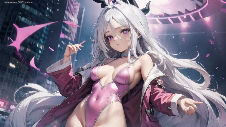 1Girl, hina sorasaki, white hair, purple eyes, forehead, narrow waist, sexy, skinny, cute, pink clothes, bunny suit, small breasts, tightly clothes, wide hip, Squeeze body, leotard