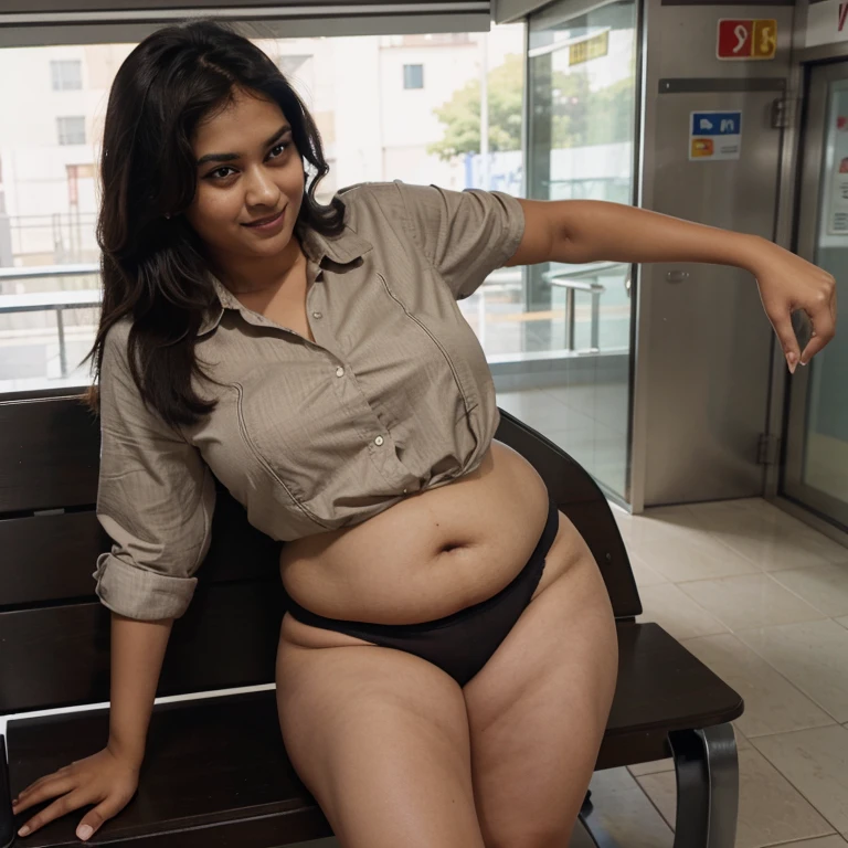 14 year old, female, Indian, light brown skin, straight short black hair, dense long black pubic hair, big expressive eyes, light brown pupil, mischievous laugh, very fat body, big fat belly, big fat thighs, fully buttoned formal shirt, shirt tucked in, neck tie, knee length skirt, no underwear, standing, one leg on top of a bench, legs spread, metro station