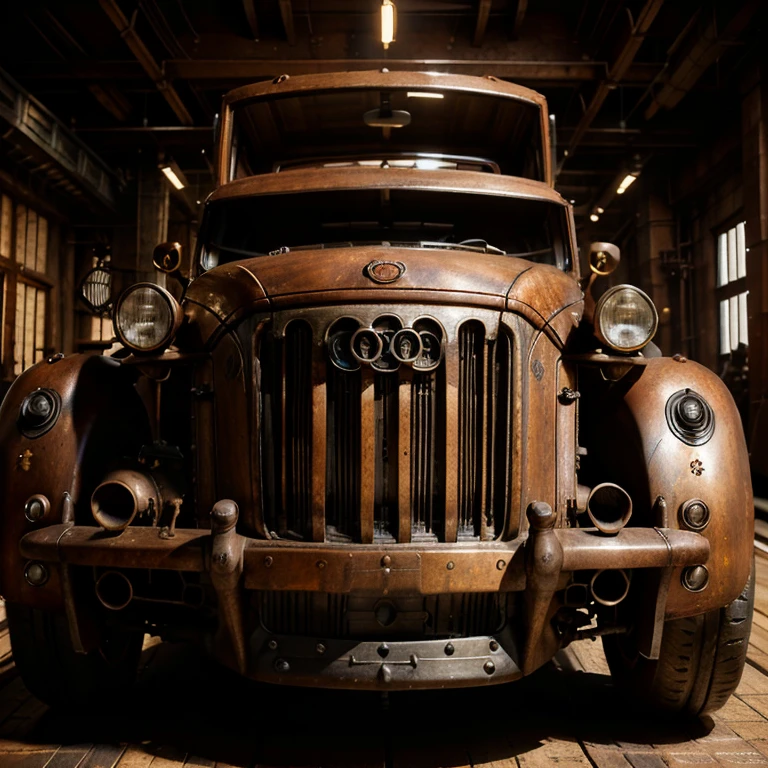 Steampunk rendition of an Audi A4 featuring intricate gears and steam-powered machinery, sharp focus on the mechanical intricacies and vintage aesthetics, studio setting with dramatic lighting to highlight the brass and copper tones, trending on ArtStation, Greg Rutkowski signature style, highly detailed, studio photo.