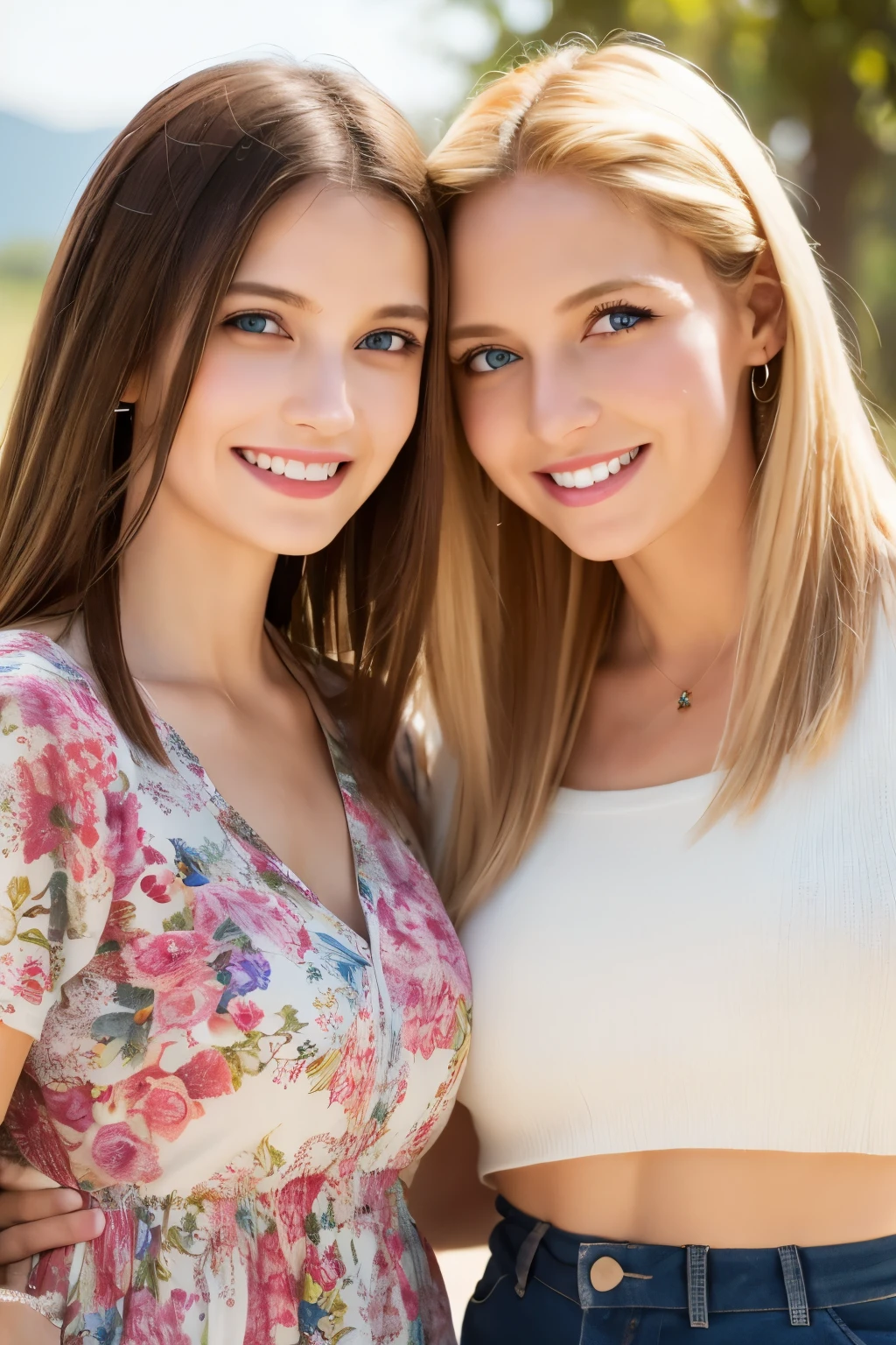 A mother and daughter yellow hair blue eyes on a magazine cover, vibrant colors, high-resolution, realistic portrayal, fashion-forward, loving bond, trendy attire, captivating smiles, natural beauty, professional lighting, contemporary style, artistic composition