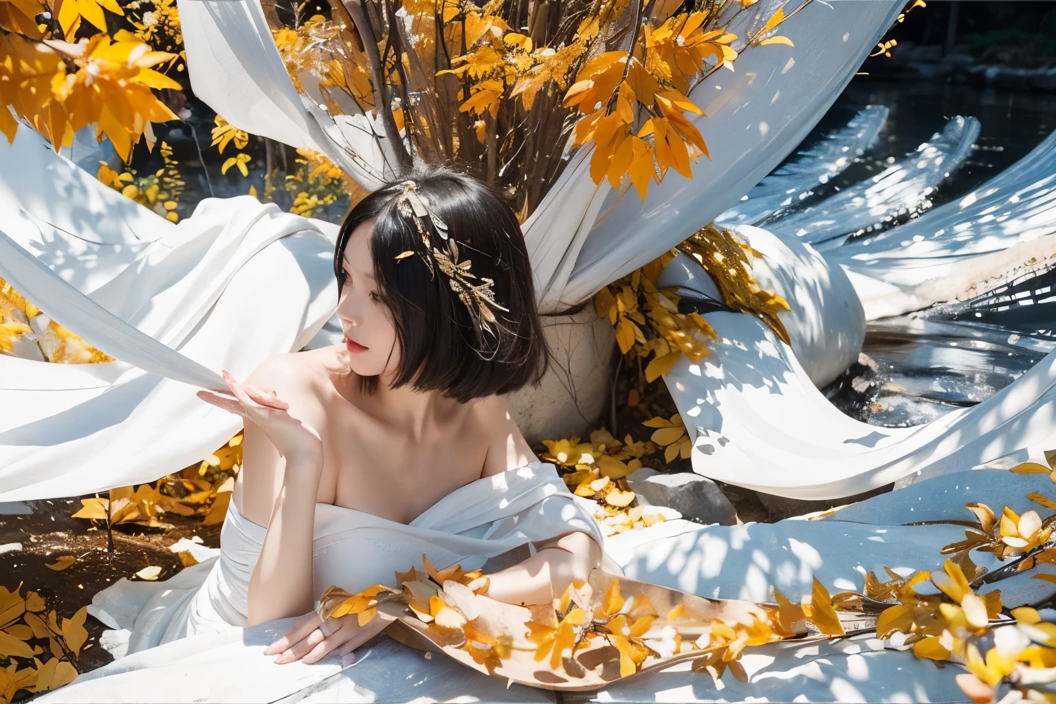 (Best quality, 8k, 32k, Masterpiece, UHD:1.2) "Generate a captivating artwork featuring a young Japanese girl model with short, sleek black hair styled in a chic bob haircut. Envision her bathed in dramatic cinematic lighting, creating an atmosphere of allure and mystery. Emphasize a romantic aesthetic vibe, showcasing the model in a poised and elegant pose that evokes a sense of intimacy and sophistication. Utilize warm and soft tones to enhance the romantic ambiance, and consider incorporating elements like flowing fabrics or flowers to add a touch of ethereal beauty. Capture the essence of romance and beauty through the model's expression, the play of light and shadows, and the overall aesthetic, creating a visually compelling and emotionally resonant piece." (perfect eyes), flawless skin, flawless face, cinematic, tight body, ((well-proportion female hands)), ((female hands with five digits)) ((Body is well proportioned)), ((chic bob haircut)), soft focus ((Short Black Hair)),