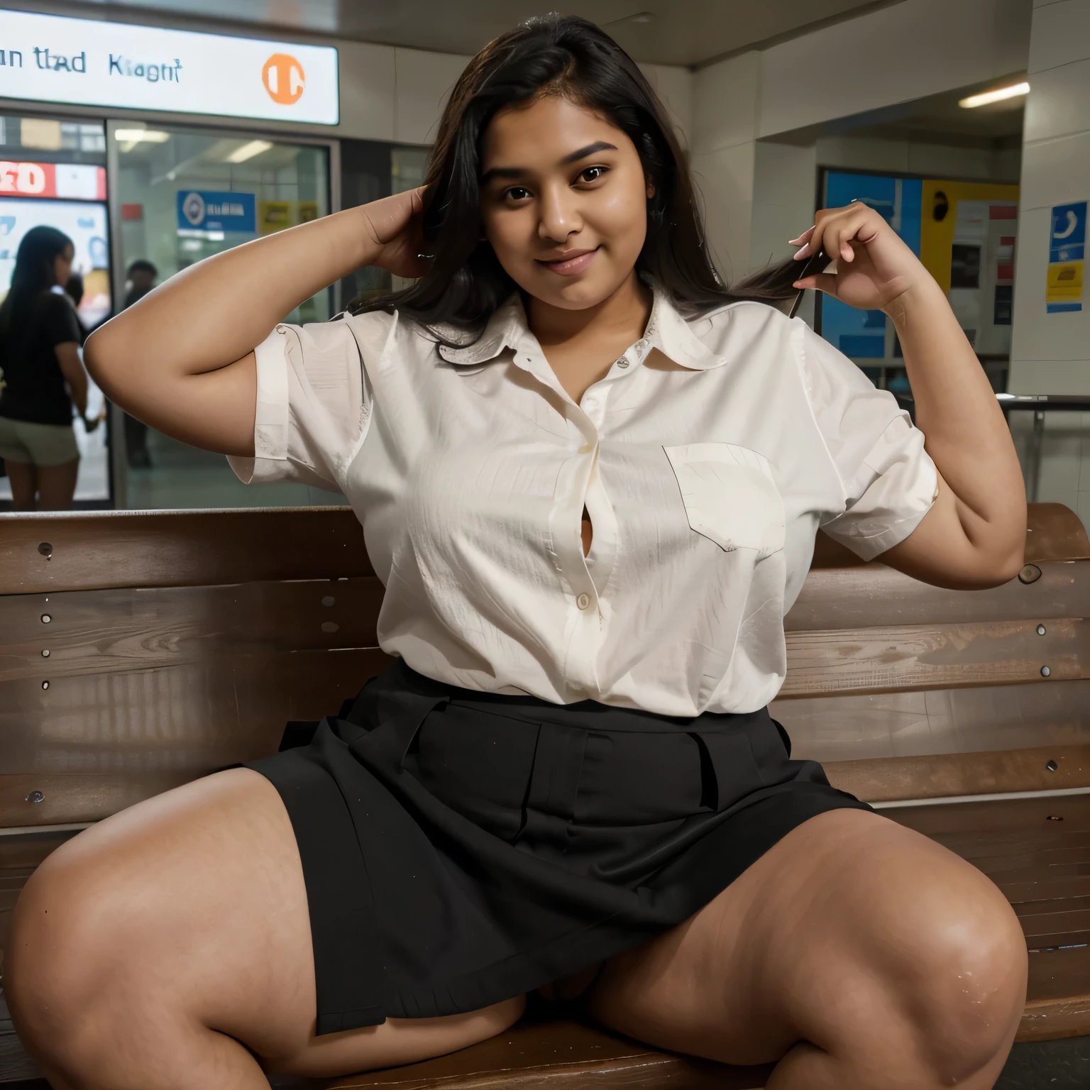 , female, Indian, light brown skin, straight short black hair, dense long black pubic hair, big expressive eyes, light brown pupil, mischievous laugh, very fat body, big fat belly, big fat thighs, fully buttoned formal shirt, shirt tucked in, neck tie, knee length skirt, no underwear, standing, one leg on top of a bench, legs spread, metro station