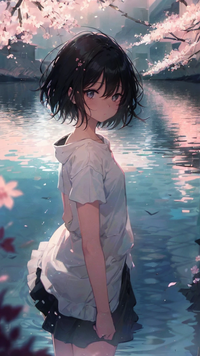 Product illustration for Girl in the Wind,cherry blossoms,water中で,water,black hair,short bob,white skin,Pale complexion,Light skin tone,face forward,Are standing