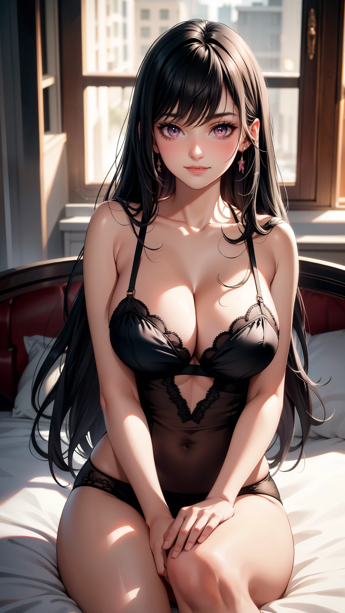 (best quality:1.1), (Masterpiece:1.2), High quality shadow, beautiful details, Beautiful face, Detailed eyes, depth of field, high resolution, best shadow, best light, 1 girl, see the audience, black hair, smooth, blunt, long hair, pink eyes, shy, Very big breasts, sexy lingerie, pump, pajamas, rift, Smile mischievously, background on bed, sexy woman, ladylike posture, pov, FPS view