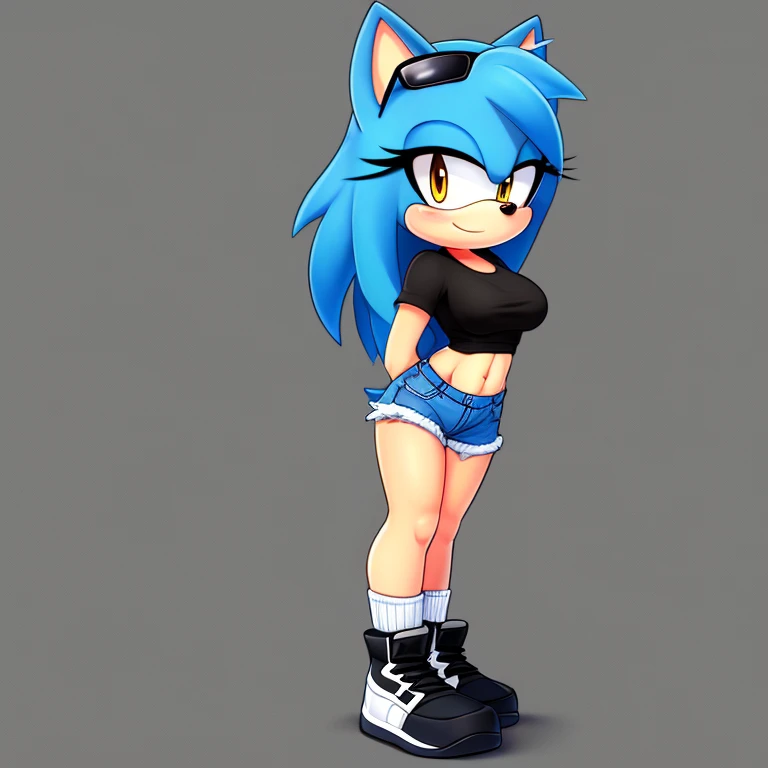 1girl, solo, shorts, blue hair, shirt, shoes, hedgehog girl mobian, socks, mobian, simple background, yellow eyes, black shirt, breasts, eyewear on head, grey background, animal ears, blue shorts, black footwear, full body, furry female, sunglasses, sunglasses on the head, ((athletic body)), looking at viewer, sneakers, arms behind back, denim shorts, denim, short shorts, long hair, standing, smile, medium breasts, midriff, blush, closed mouth, short sleeves, black socks, outline, Intricate Details, Masterpiece, Best Quality, High Quality, Studio Quality, Best Detail, Perfect Detail, Refine Detail.
