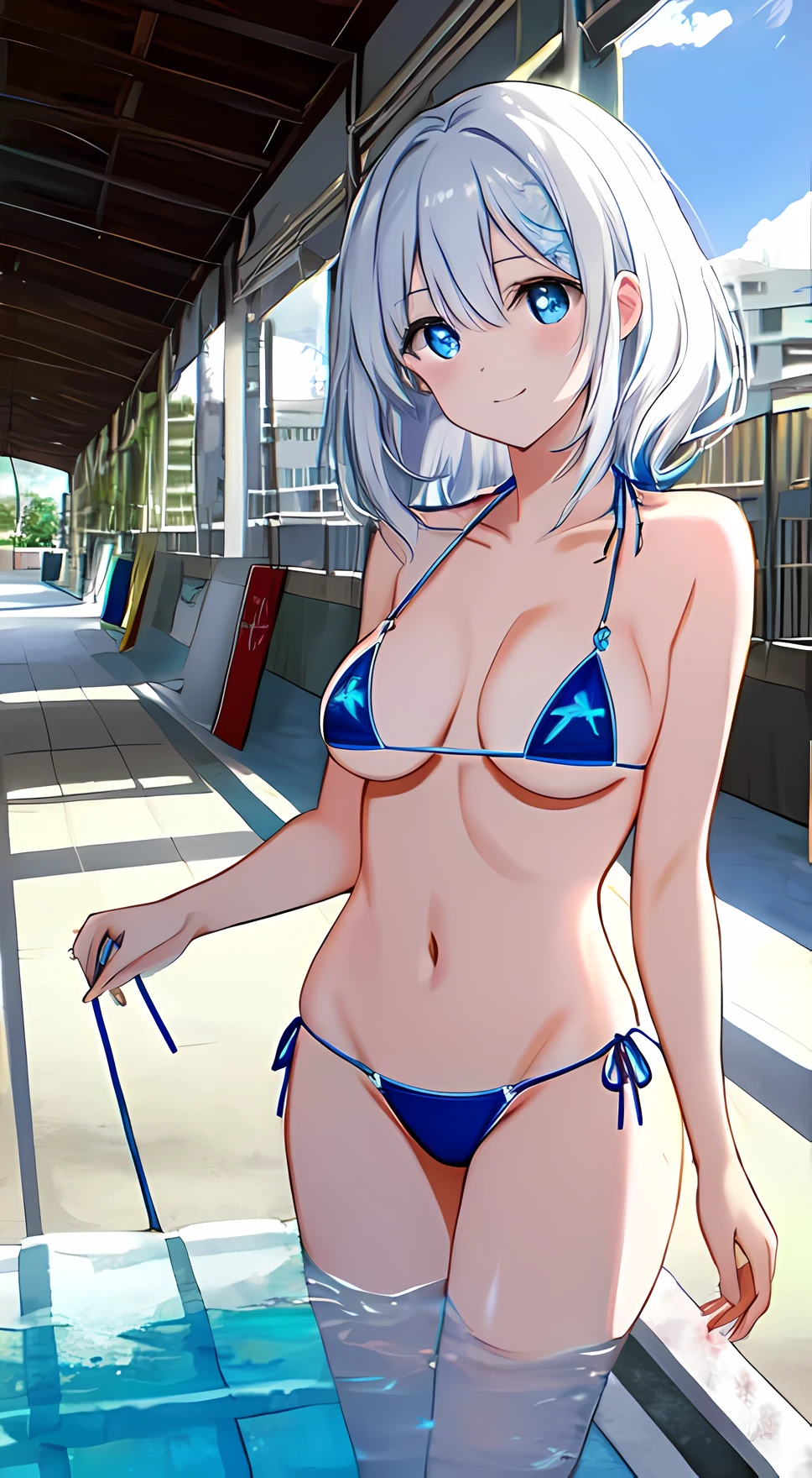 (NSFW:1.2), (8K, raw photography, Calidad de imagen superior, obra maestra: 1.4), ultra high definition, (realista, photorealestic: 1.48), 20 years, agudo , (micro bikini blanco transparente:1.55), Famous actors from Japan、 (pelos azules:1.7)、1 hija、enfocarse solo、Tipo Moon Wind、Kyoto animation style、cabello corto、flequillo contundente、Pelos entre ojos、cerraduras laterales、cabello brillante、Cold face beautiful and dense、sonrisa seductora、enojo、Intrincados detalles ojos hermosos y delicados、hombros descubiertos 、、Ojos claros、Piel Blanca Piel、adorno para el pelo、swimming ring、Hermosa espalda cruda、sandal、Abolladura de la piel、clavicle、Pies crudos、la playa、Dense sky、playa de arena blanca、The tree、 muy preciso y detallado、absurdo、extremadamente detallado、16k fondos de pantalla、textura realista、Masterpiece down to the smallest detail.、de un lado, mirando a los espectadores, expressionless face, hermoso lago, Zeiss 150mm f/ 2.8Hasselblad, un cuerpo entero, para los pies, Ultra gran angular,(((Seeing at the camera))),[perfect eyes,(((perfect blue iris))),(((esclerotica perfecta))),(((visible perfect pupils)))].