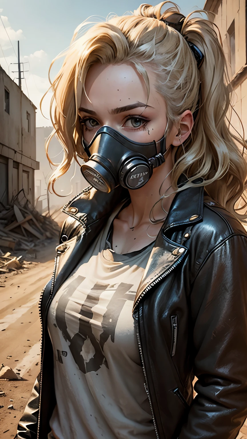 Post apocalyptic woman with a worn leather jacket, And a T-shirt covered in dust and dirt, She is wearing a gasmask, And her blonde hair waves gently in the winds of a town destroyed by nukeclear bombs.