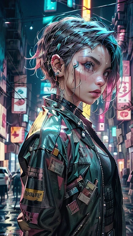((best quality)), ((masterpiece)), (highly detailed body and face:1.3), 3D, Beautiful (cyberpunk:1.3) Beautiful young man with hair shaved on the sides and a petrol blue mohawk, VERY DETAILED AND BRIGHT, ((with guns in hands)), (((futuristic Mad Max movie style background))), (((pink and cyan neon lights at night))), night image, at night, 32k