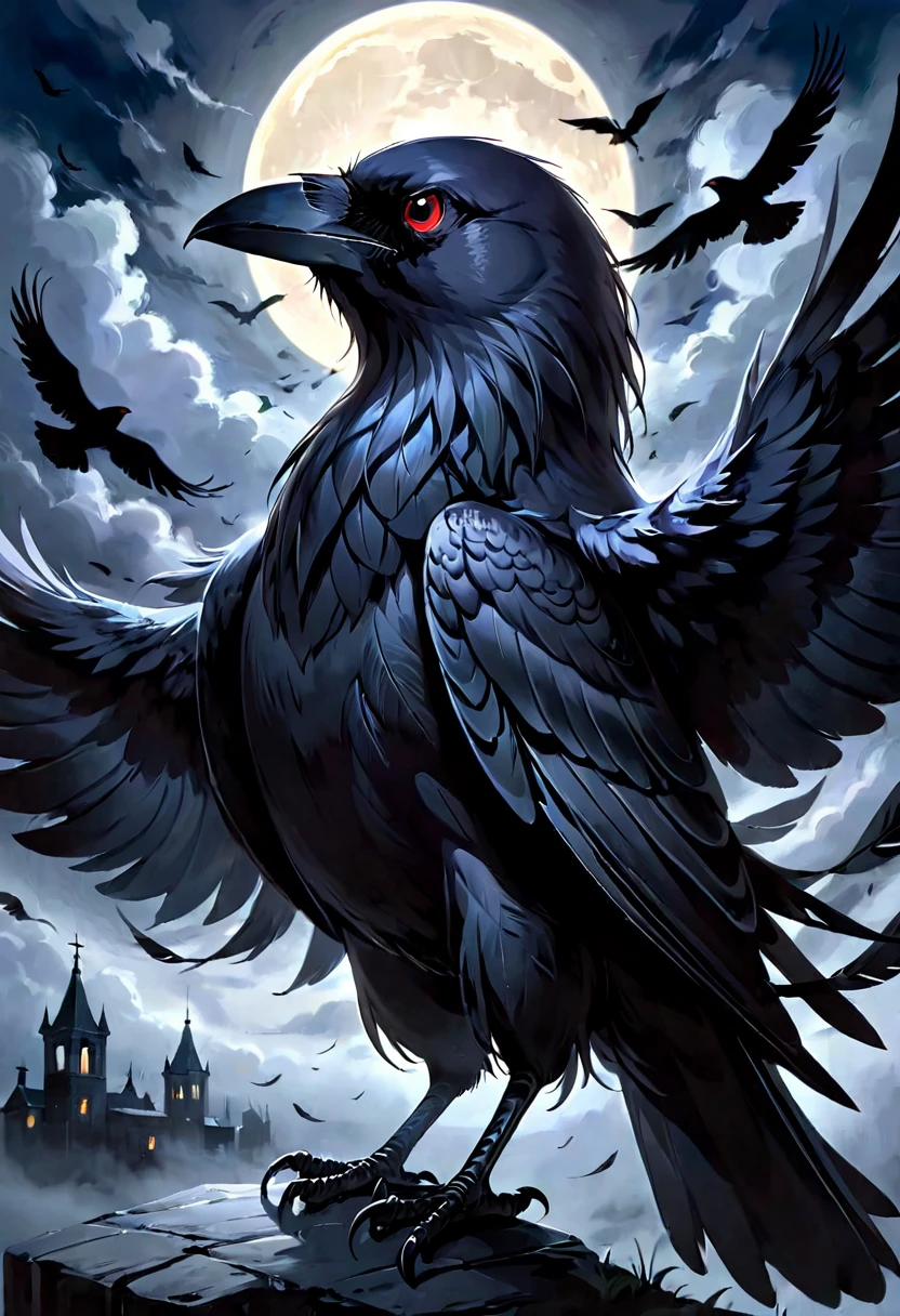 best quality,ultra-detailed,(realistic:1.37) paintings,dark and mysterious atmosphere,ominous colors,[crow],intricate feathers,sharp beak,penetrating gaze,intense expression,eerie silhouette,sinister presence,nighttime scene,moonlit sky,clouds,dramatic lighting,contrast of light and shadow,gothic style,dramatic brushstrokes,texture and depth,colorful plumage,majestic wingspread,haunting presence,foreboding,loneliness,uneasy feeling,impressive details,beautifully captured essence,artistic masterpiece