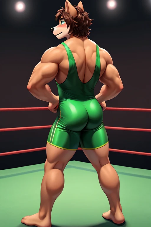Furry anthropomorphic wolf, Russet brown fur, dark brown hair, dark green eyes, 6'1 and 173 lbs, 41" Chest, 19" Shoulders, 13" Biceps, 32" waist, 23" Thighs, 15" Calves, 19" Back, wearing green skin-tight wrestling singlet, inside wrestling ring, blushing, self-conscious, nervous, scared, soft colors, vivid colors, pastel color, soft shading