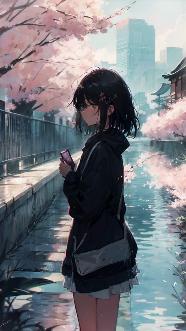 Product illustration of a girl in the rain,cherry blossoms