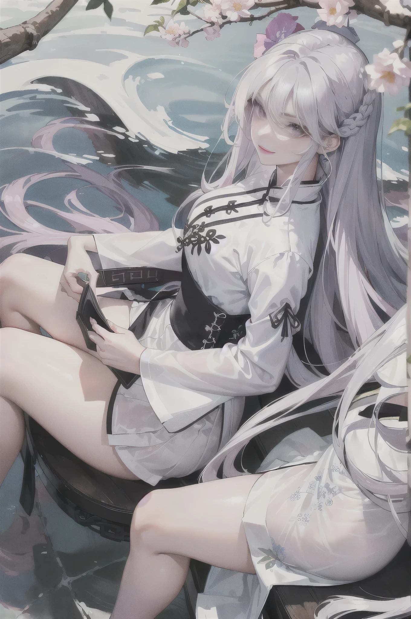 masterpiece, Excellent, daytime, outdoor, fallen flowers, branch, Chinese style, China, 1 girl, Perfect Woman, woman with long silver hair, grey-blue eyes, light pink lips, cold, Serious, boom, purple eyes, White clothes, black clothing series, delicate face, delicate face, Sitting Legs, Smile,short skirt,Nice butt,beautiful butt