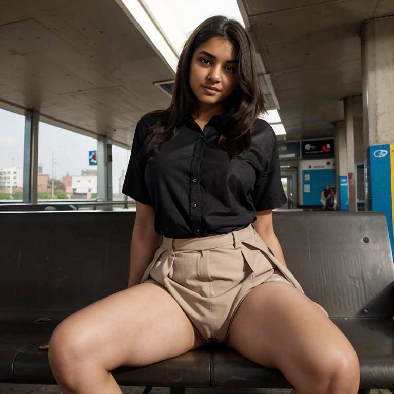 , female, Indian, light brown skin, straight short black hair, dense long black pubic hair, big expressive eyes, light brown pupil, mischievous laugh, very fat body, big fat belly, big fat thighs, fully buttoned formal shirt, shirt tucked in, neck tie, knee length skirt, no underwear, standing with legs spread, one leg on top of a bench, knee bent, metro station