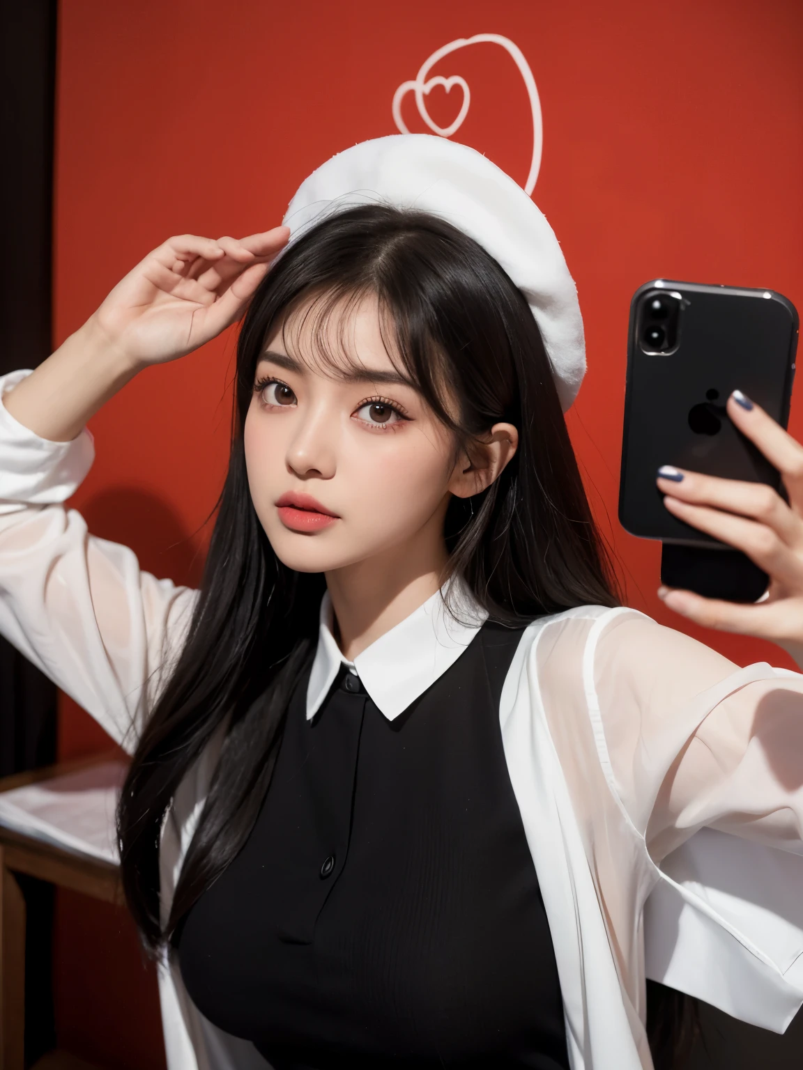 Kim jennie con el cabello negro oscuro, con rulos en las puntas del cabello negro oscuro, con un ganchito de estrella en el cabello negro oscuro, ojos de color claro, ojos bonitos, ojos llorosos, nariz bonita y respingada, labios bonitos, labios rosas, heart and cupid shaped lip, piel bonita, pale, piel blanca, con lunares y pecas en todo el rostro, rubor rosa suave en las mejilla, rubor rosa natural, maquillaje suave y rosa, jennie, cuellos bonito, cuello marcado, frown, mirada enojada, con un collar de beso, un collar bonito de beso, mientras tiene un traje de Yumeko Jabami, cospaly de Yumeko Jabami, mientras tiene una camisa blanca, con tiene un traje de color rojo encima de su camisa blanca, apretado a su cuerpo, con una falta negra corta mientras tiene el abdomen desnudo, delgado, marcado y bonito, (pechos grandes, pechos suaves, pechos bonitos, pechos naturales), mientras esta haciendo cospaly del personaje Yumeko Jabami, del anime Kakegurui, mirando a la camara, autofoto, selfie bonita