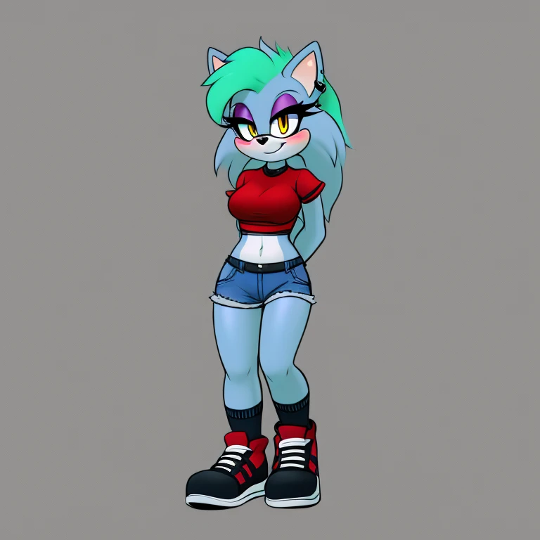 1girl, solo, shorts, blue hair, shirt, shoes, hedgehog girl mobian, socks, mobian, simple background, yellow eyes, black shirt, breasts, eyewear on head, grey background, animal ears, blue shorts, black footwear, full body, furry female, sunglasses, sunglasses on the head, ((athletic body)), looking at viewer, sneakers, arms behind back, denim shorts, denim, short shorts, long hair, standing, smile, medium breasts, midriff, blush, closed mouth, short sleeves, black socks, outline, Intricate Details, Masterpiece, Best Quality, High Quality, Studio Quality, Best Detail, Perfect Detail, Refine Detail.