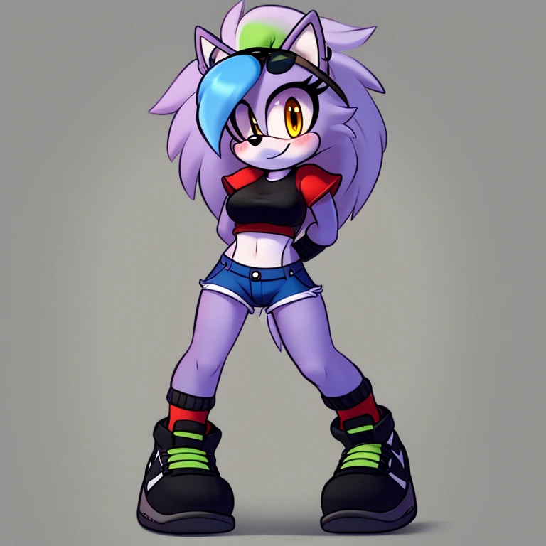 1girl, solo, shorts, blue hair, shirt, shoes, hedgehog girl mobian, socks, mobian, simple background, yellow eyes, black shirt, breasts, eyewear on head, grey background, animal ears, blue shorts, black footwear, full body, furry female, sunglasses, sunglasses on the head, ((athletic body)), looking at viewer, sneakers, arms behind back, denim shorts, denim, short shorts, long hair, standing, smile, medium breasts, midriff, blush, closed mouth, short sleeves, black socks, outline, Intricate Details, Masterpiece, Best Quality, High Quality, Studio Quality, Best Detail, Perfect Detail, Refine Detail.