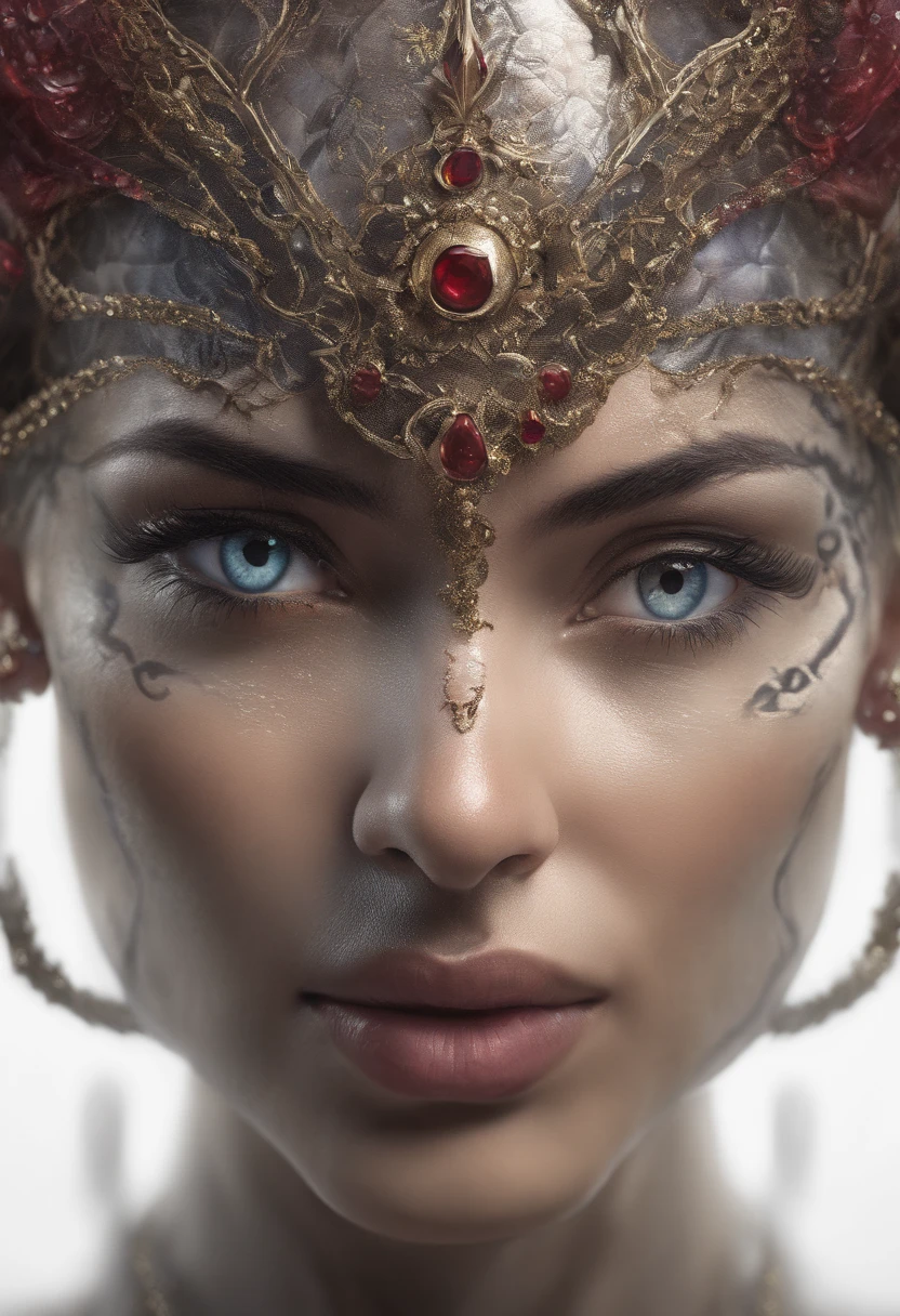 Woman in a well-lit landscape, direct light on the body, sensual pose, semi-open red lips, black crown on the head with blood-colored rubies, bluish gray skin, tribal tattoo (extremely detailed, with magical symbols), glued to the body, allowing see the details of her body, large breasts (well defined, hard nipples and breasts (white blouse, very short, very low-cut, close to the body, wet), legs crossed, full body image. 8k hd, dslr, soft lighting, high quality, film grain, best quality, best cinematic color grading, detailed lighting, high resolution, Fujifilm XT3, (highly detailed skin: 1.2), attention to detail, extremely detailed face, intricate details, extremely detailed eyes, highly detailed,anatomically correct eyes,32k resolution, realistic wet skin,extremely intricate detail,epic realistic,anatomically correct face,Ultra HD,HDR,natural skin textures, Hyper Realism,realistic skin texture, hyper detailed,extremely Realistic,ultra detailed, logically correct eyes