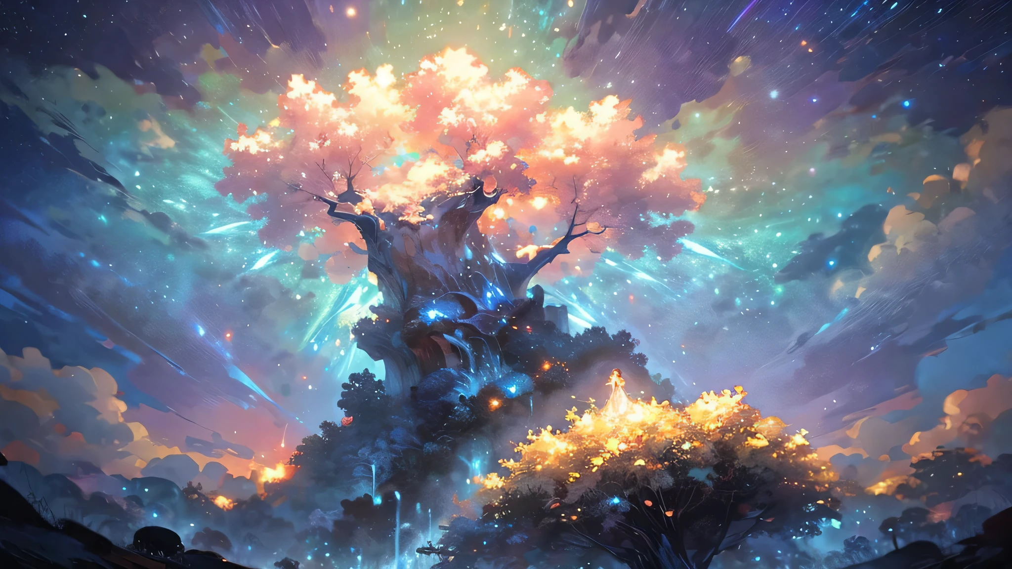 In pixel art, a beautiful sky full of ribs can be depicted as elegant, flowing auroras or wispy clouds arching across the sky. Here is a description of a pixel art scene featuring this kind of sky and an open place with a Yggdrasil tree: The sky is filled with long, flowing waves of vibrant colors, resembling ribs or auroras. These streaks shift seamlessly between hues of green, purple, and blue, dancing gracefully across the dark, star-studded night sky. The open place below the sky is a serene and mystical landscape, with rolling hills and sparse vegetation. In the middle of the scene stands a majestic pixel art Yggdrasil tree. This ancient tree has a massive, gnarled trunk and sprawling roots that appear deeply intertwined with the earth. Its vast branches stretch toward the sky, adorned with delicate pixelated leaves. The soft glow of the auroras reflects off the tree, highlighting its leaves and branches with ethereal light. The Yggdrasil tree seems almost magical in this setting, bridging the connection between the earth and the sky. Around the tree, the ground is dotted with pixelated shrubs and flowers that sway gently in the breeze. The overall scene creates a sense of wonder and tranquility, with the captivating beauty of the auroras and the majestic presence of the Yggdrasil tree as focal points.
