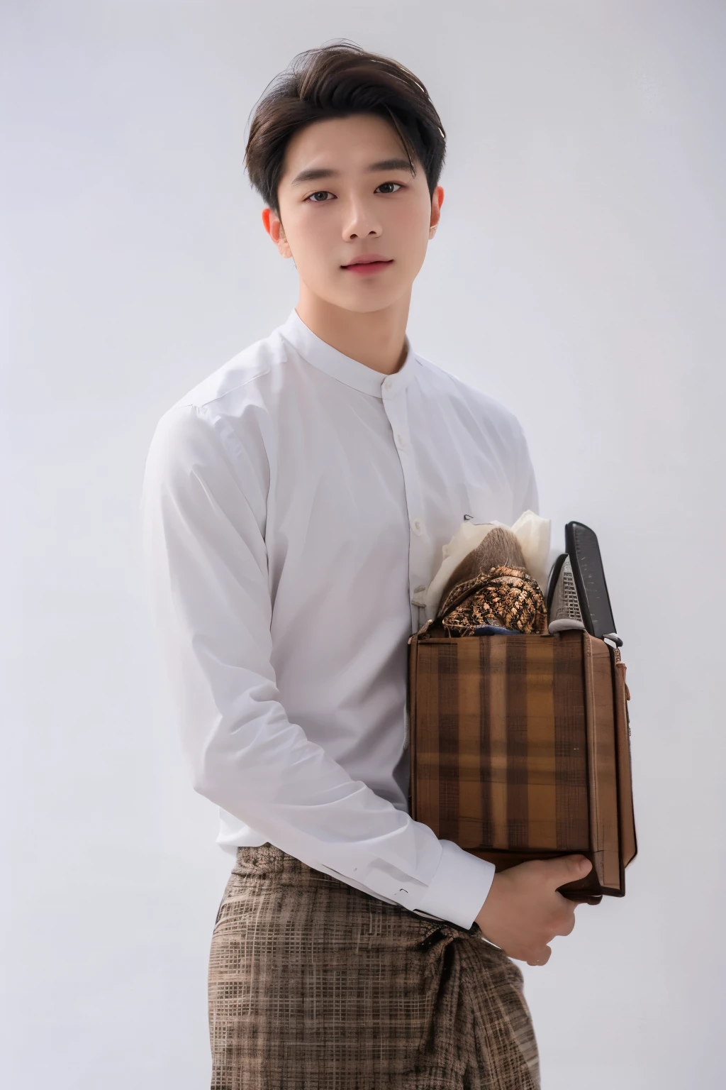 1boy, handsome male, face, beard, white background, amm mc outfit, acmm tp outfit, acmm cp outfit, wearing acmm top, very attractive, blurry_background, (high detailed skin:0.8), 8k uhd, dslr, soft lighting, HDR, warm light, high quality, film grain, Fujifilm XT3,