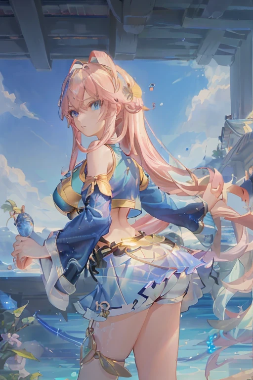 cornflower art, fantastic, (a beautiful girl,Anime style girl,blue eyes,long hair,wearing light clothes,shining,long sleeve,open chest,Short skirt swimsuit,pink big breasts,White,and,heart on top,beautiful butt,Nice butt,前面是海滩and明亮的蓝天,There are clouds above,There are palm trees in the background on both sides of the picture,There are also a lot of blue and fish swimming around in the,Nothing under the skirt