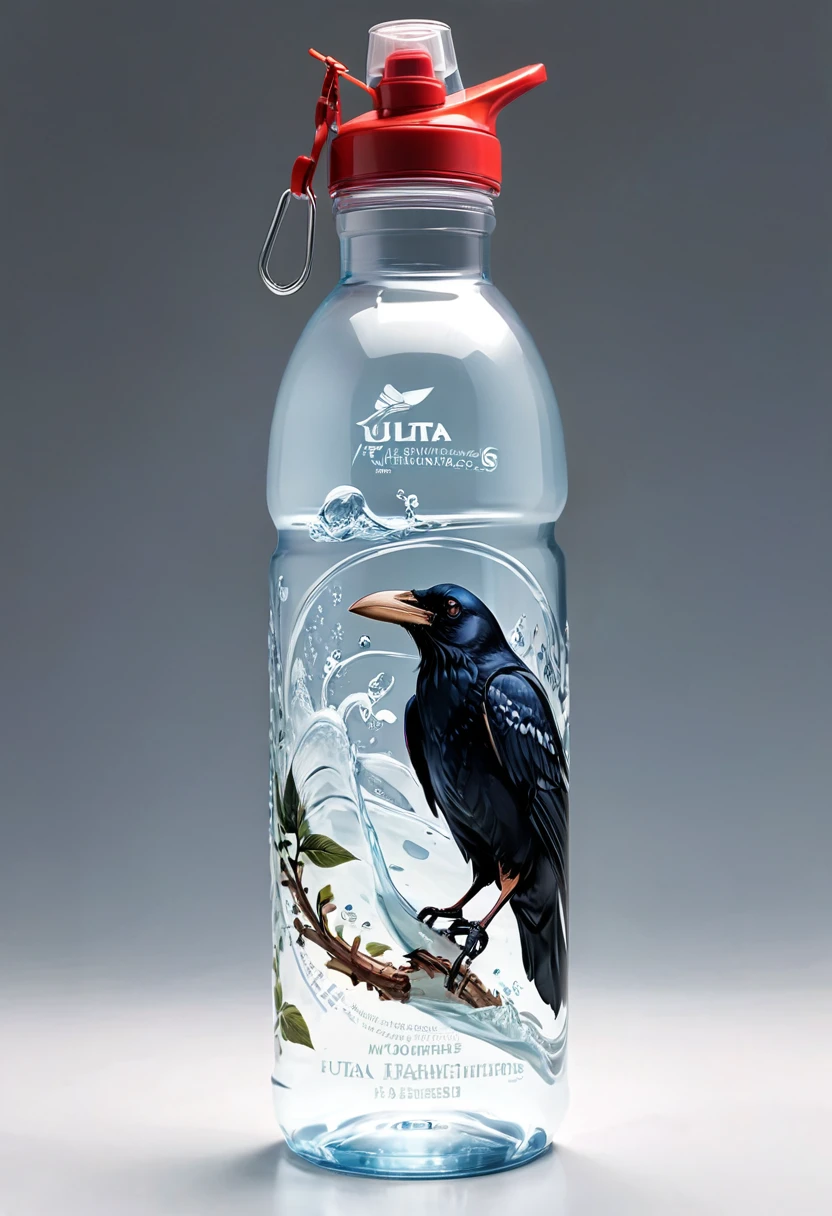 Modern packaging design, water bottle packaging, crow drinking water illustration, simple white background, HD resolution, simple style, actual, Natural light, (masterpiece, best quality, Professional, perfect composition, very aesthetic, absurdres, ultra-detailed, intricate details:1.3)