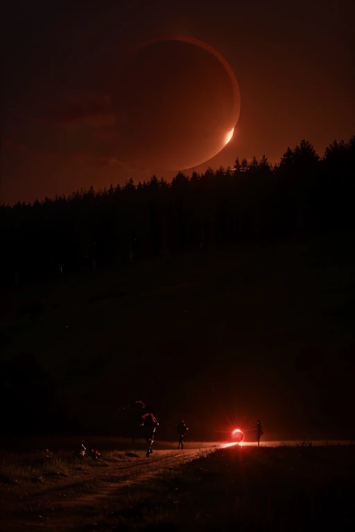 Red Sky with Eclipse, Solar Eclipse Visible, people running, monsters appearing from the forest by close proximity, realistic