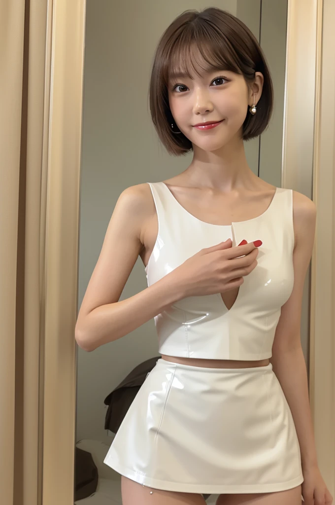 highest quality, Photoreal, alone, stand upright,(Accurate人体構造）、 (White latex material＆Punk-style outfit with distinctive rivets、White latex mini skirt)、（White genuine leather long boots、knee length）、（shortcut）、earrings、double eyelid, （eyelash：0.7）、lip gloss, (smile:1), ((looking at the viewer))、（normal breast）、(The whole body is reflected)、((Are standing)), (short hair of reddish-brown color wet and shiny,),red mouth,clavicle、full body portrait、digital illustration, (Photoreal:1.3),(Raw photo) black hair, Solid Circle Eye, light smile, brown hair, short hair, bob cut, opened my eyes, surrealism, cast a shadow, anaglyph, stereogram, tachi-e, throw, atmospheric perspective, cinematic lighting, f/2.8, nikon, 8K, Super detailed, Accurate, highest quality, rough skin, anatomically correct, masterpiece ,masterpiece,highest quality, double eyelid,lip gloss, (smile:1),red mouth,clavicle, ((looking at the viewer)),(short hair of reddish-brown color wet and shiny,),hotel room、（The whole body is reflected）、（机の前にAre standing）、Ｃcup bust