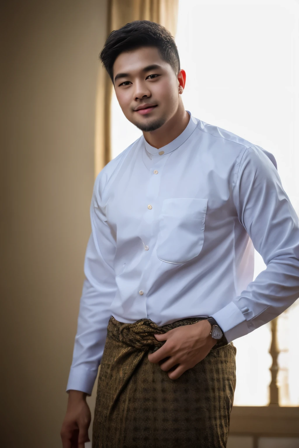 1boy, handsome male, face, beard, white background, amm mc outfit, acmm tp outfit, acmm cp outfit, wearing acmm top, very attractive, blurry_background, (high detailed skin:0.8), 8k uhd, dslr, soft lighting, HDR, warm light, high quality, film grain, Fujifilm XT3,