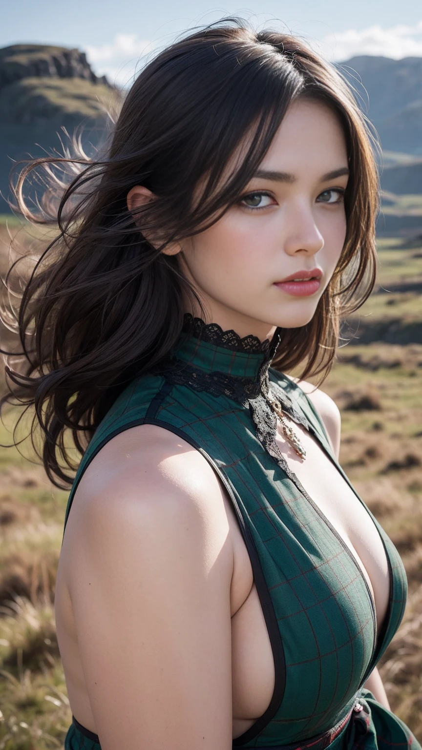 Imagine a scene unfolding amidst the rugged beauty of the Scottish Highlands, where a stunning woman stands amidst the majestic landscapes and rolling hills. She is dressed in a captivating ensemble—a form-fitting tartan dress that hugs her curves and accentuates her figure. The dress features intricate Celtic patterns and a plunging neckline that adds a touch of allure to her look. With her hair styled in loose, windswept curls and a fierce determination in her eyes, she exudes an air of strength and grace against the backdrop of ancient castles and misty moors. The image is a true masterpiece, captured in stunning detail with lifelike precision and vibrant, cinematic colors that evoke the wild and untamed beauty of the Scottish Highlands.