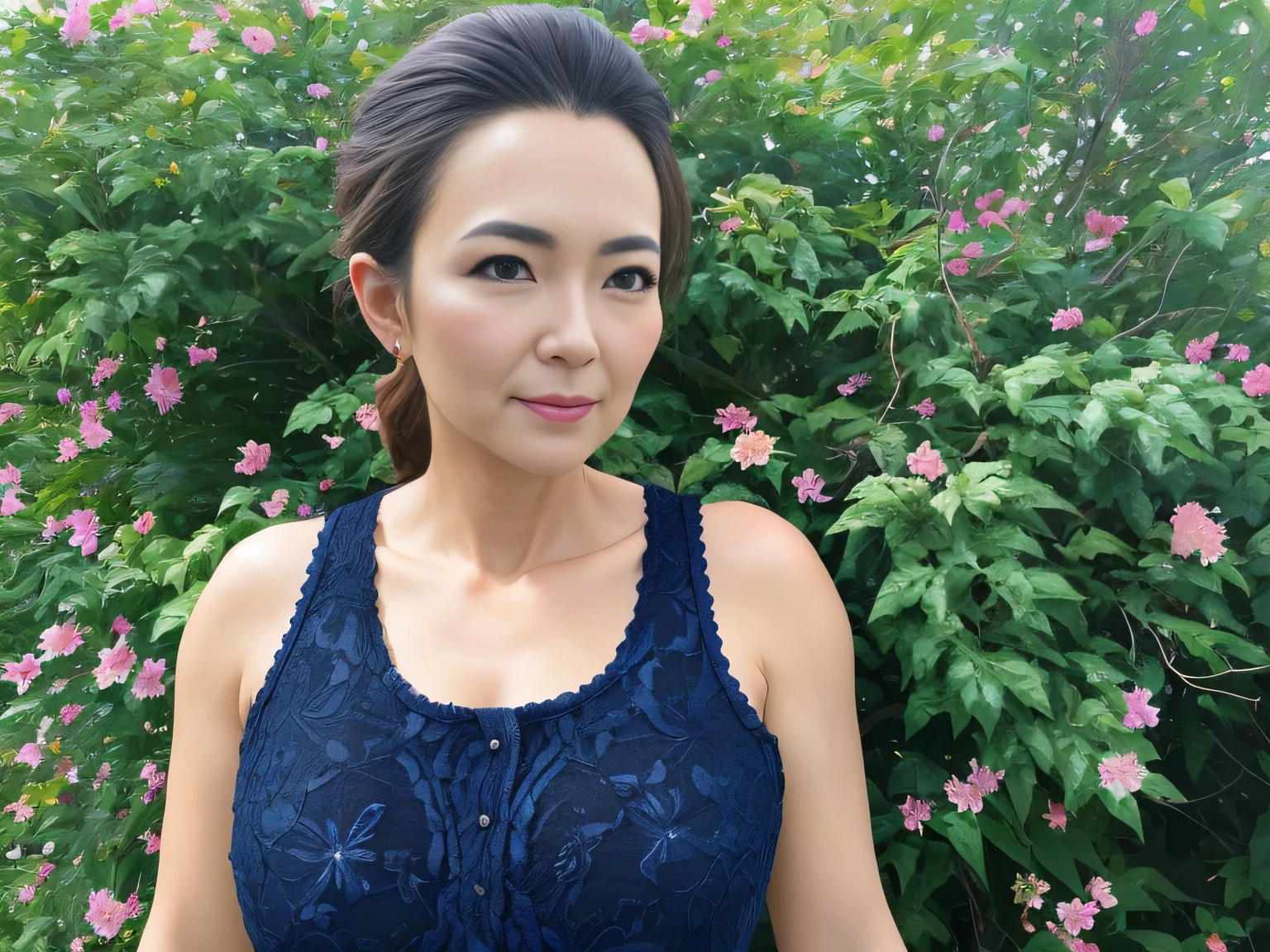 RAW, Best quality, high resolution, Masterpiece: 1.3, Beautiful brunette. Best quality, high resolution. Realistic, detailed and complete body. there is a woman standing in front of a bush with flowers, portrait of a woman in her 40s, she is wearing a black blouse, portrait image, profile image, robust adult woman portrait, female portrait with flower, back photo, 8k. She is around 45 years old, a woman in good physical condition. Masterpiece, best quality, (best quality), realistic lighting, 8k.