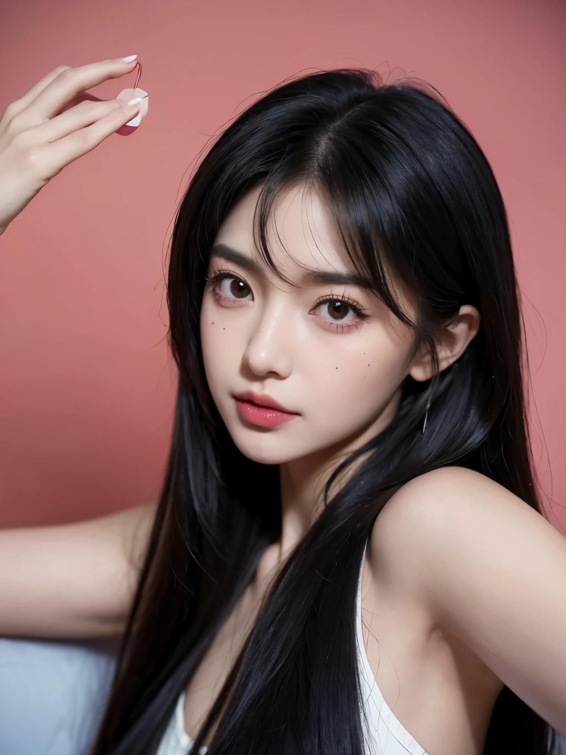 Kim jennie con el cabello negro oscuro, con rulos en las puntas del cabello negro oscuro, con un ganchito de estrella en el cabello negro oscuro, ojos de color claro, ojos bonitos, ojos llorosos, nariz bonita y respingada, labios bonitos, labios rosas, heart and cupid shaped lip, piel bonita, pale, piel blanca, con lunares y pecas en todo el rostro, rubor rosa suave en las mejilla, rubor rosa natural, maquillaje suave y rosa, jennie, cuellos bonito, cuello marcado, frown, mirada enojada, con un collar de beso, un collar bonito de beso, mientras tiene un traje de Yumeko Jabami, cospaly de Yumeko Jabami, mientras tiene el abdomen desnudo, delgado, marcado y bonito, (pechos grandes, pechos suaves, pechos bonitos, pechos naturales), mientras esta haciendo cospaly del personaje Yumeko Jabami, del anime Kakegurui, mirando a la camara, autofoto, selfie bonita