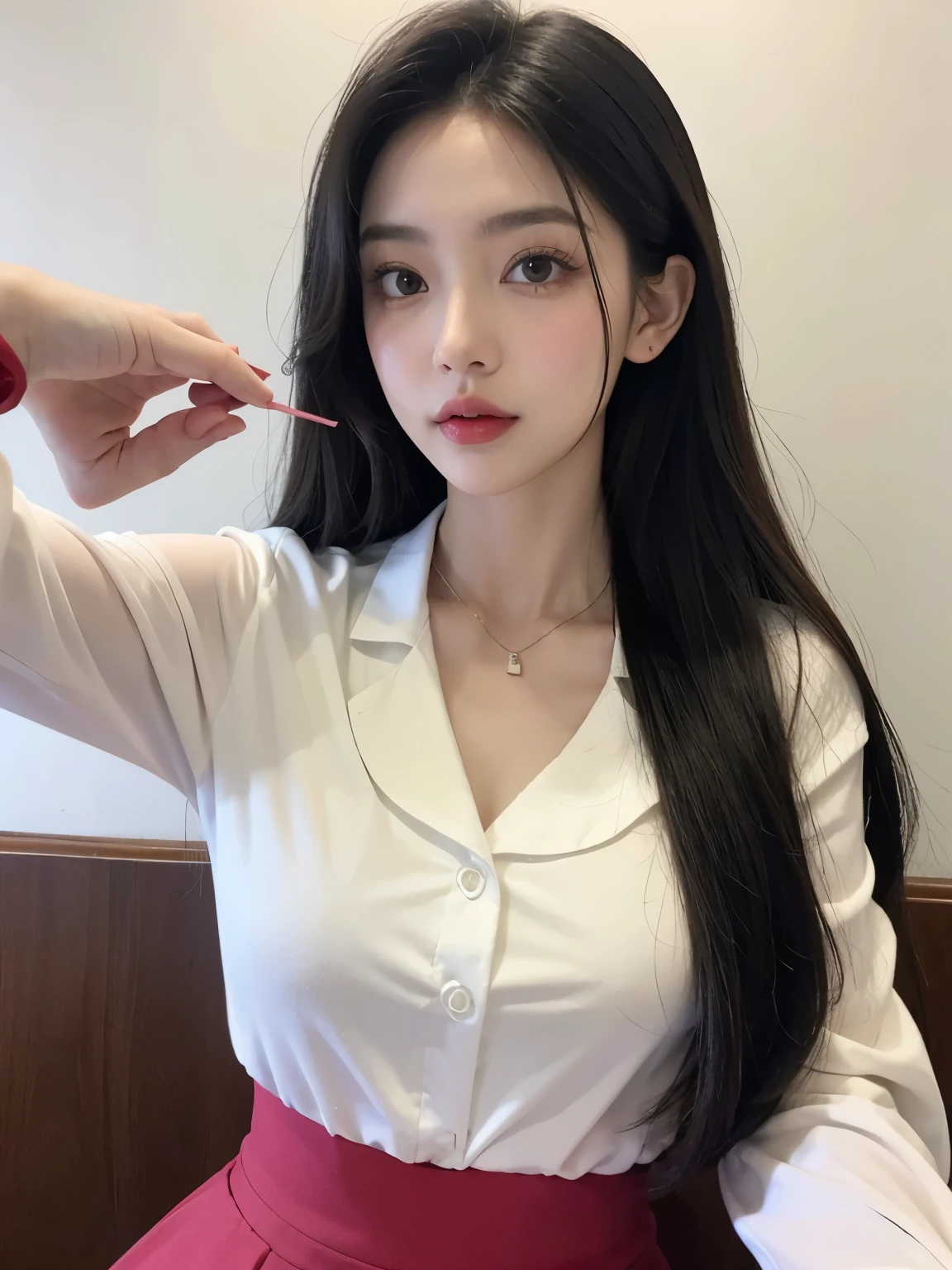 Kim jennie con el cabello negro oscuro, con rulos en las puntas del cabello negro oscuro, con un ganchito de estrella en el cabello negro oscuro, ojos de color claro, ojos bonitos, ojos llorosos, nariz bonita y respingada, labios bonitos, labios rosas, heart and cupid shaped lip, piel bonita, pale, piel blanca, con lunares y pecas en todo el rostro, rubor rosa suave en las mejilla, rubor rosa natural, maquillaje suave y rosa, jennie, cuellos bonito, cuello marcado, frown, mirada enojada, con un collar de beso, un collar bonito de beso, mientras tiene un traje de Yumeko Jabami, cospaly de Yumeko Jabami, mientras tiene una camisa blanca, con tiene un traje de color rojo encima de su camisa blanca, apretado a su cuerpo, con una falta negra corta mientras tiene el abdomen desnudo, delgado, marcado y bonito, (pechos grandes, pechos suaves, pechos bonitos, pechos naturales), mientras esta haciendo cospaly del personaje Yumeko Jabami, del anime Kakegurui, mirando a la camara, autofoto, selfie bonita