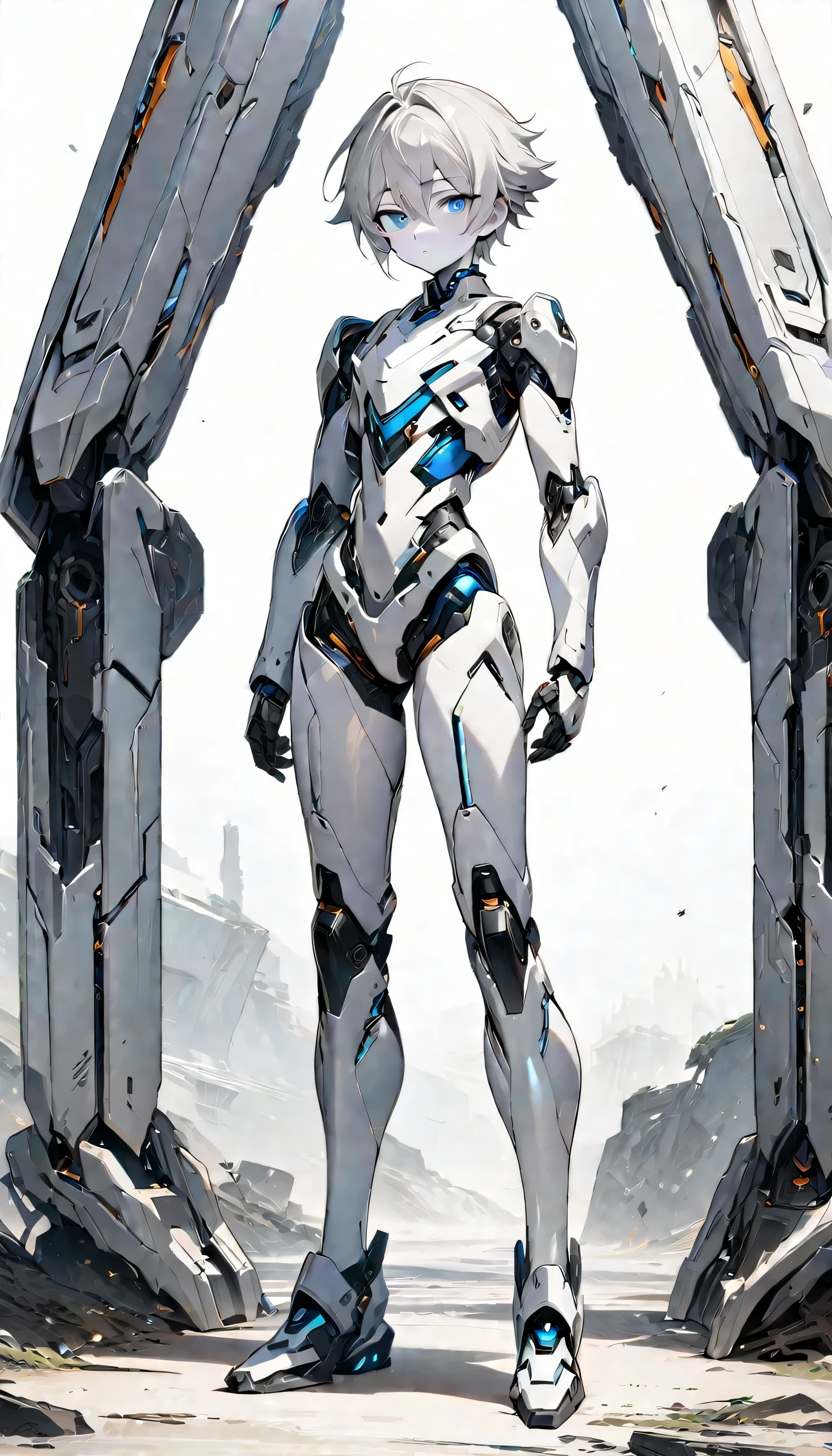 (((masterpiece:1.5))), full body image, anime android robot boy, 1boy, ((shota)), shiny, ((white)) sci-fi mechanical robot body with accents, silver hair, pale skin, blue eyes, neutral expression, plain white background