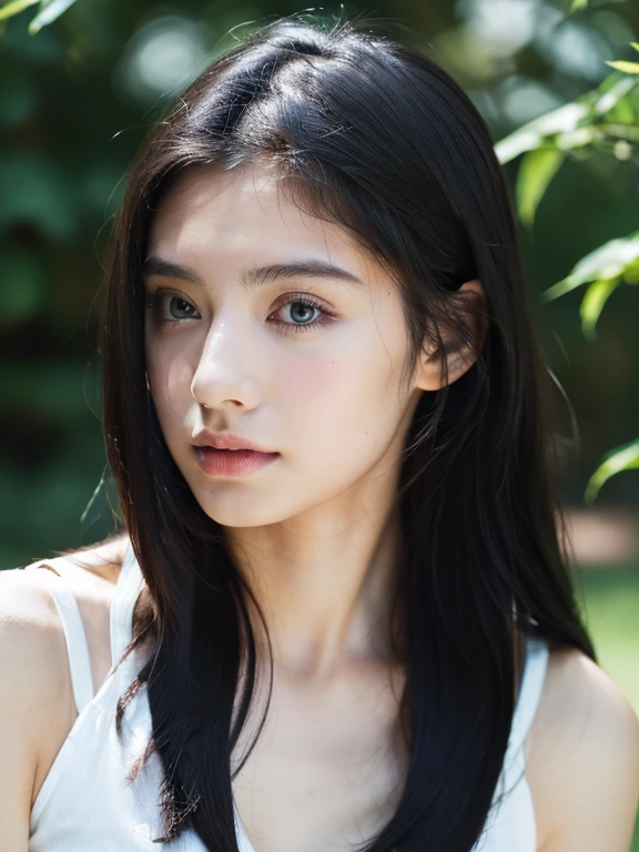 ( masterpiece, top quality, best quality,8k,17 years old girl,ultra detailed,raw photo:1.5),(photorealistic:1.4), (long black hair:1.5), (cinematic lighting), PerfectNwsjMajic, , Surrealism, UHD, ccurate, Super detail, textured skin, High detail, Best quality, dynamic angle, (high nose,White skin),[Beautiful blue eyes],[flat chest:large breasts:0.5],(1girl),(good anatomy:0.5)),(outside:1.5),