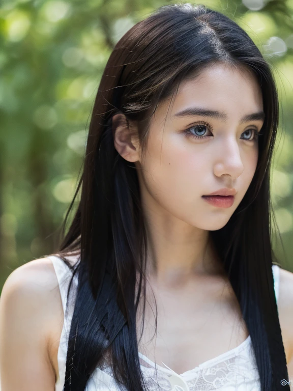 ( masterpiece, top quality, best quality,8k, girl,ultra detailed,raw photo:1.5),(photorealistic:1.4), (long black hair:1.5), (cinematic lighting), PerfectNwsjMajic, , Surrealism, UHD, ccurate, Super detail, textured skin, High detail, Best quality, dynamic angle, (high nose,White skin),[Beautiful blue eyes],[flat chest:large breasts:0.5],(1girl),(good anatomy:0.5)),(outside:1.5),