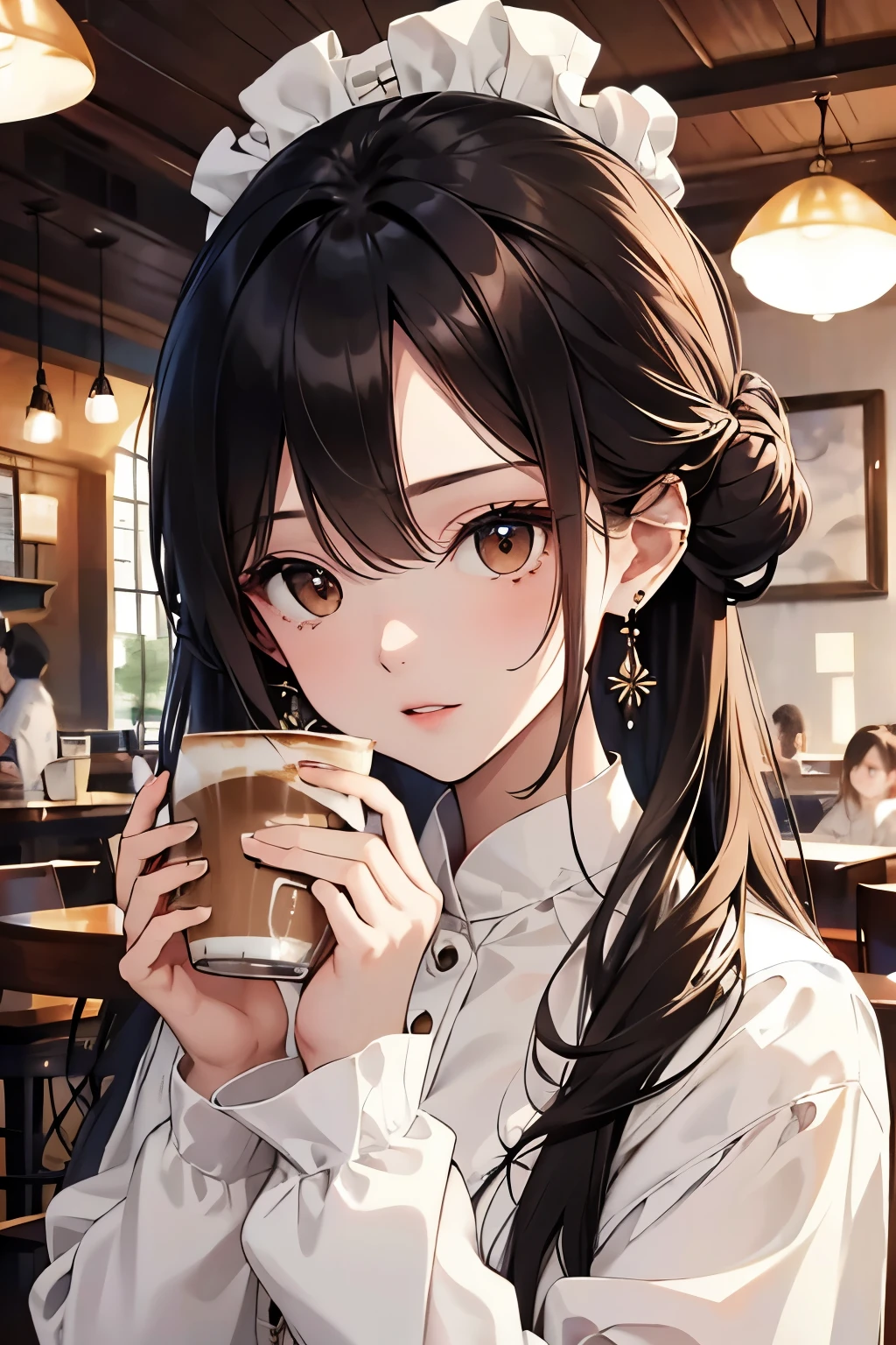 best quality, highres,Slender、brown eyes、tall、black hair、(forehead:1.3)、(semi-long:1.3),bun hair、(Cafe:1.4)、No sleeve、(white blouse:1.3)、cardigan、earrings